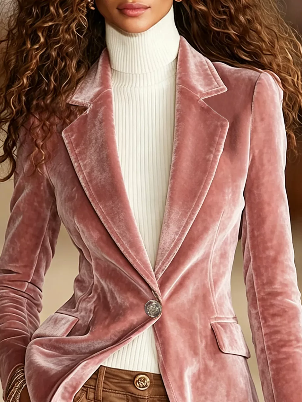 Velvet One-Button Long Sleeve Blazer, image 3