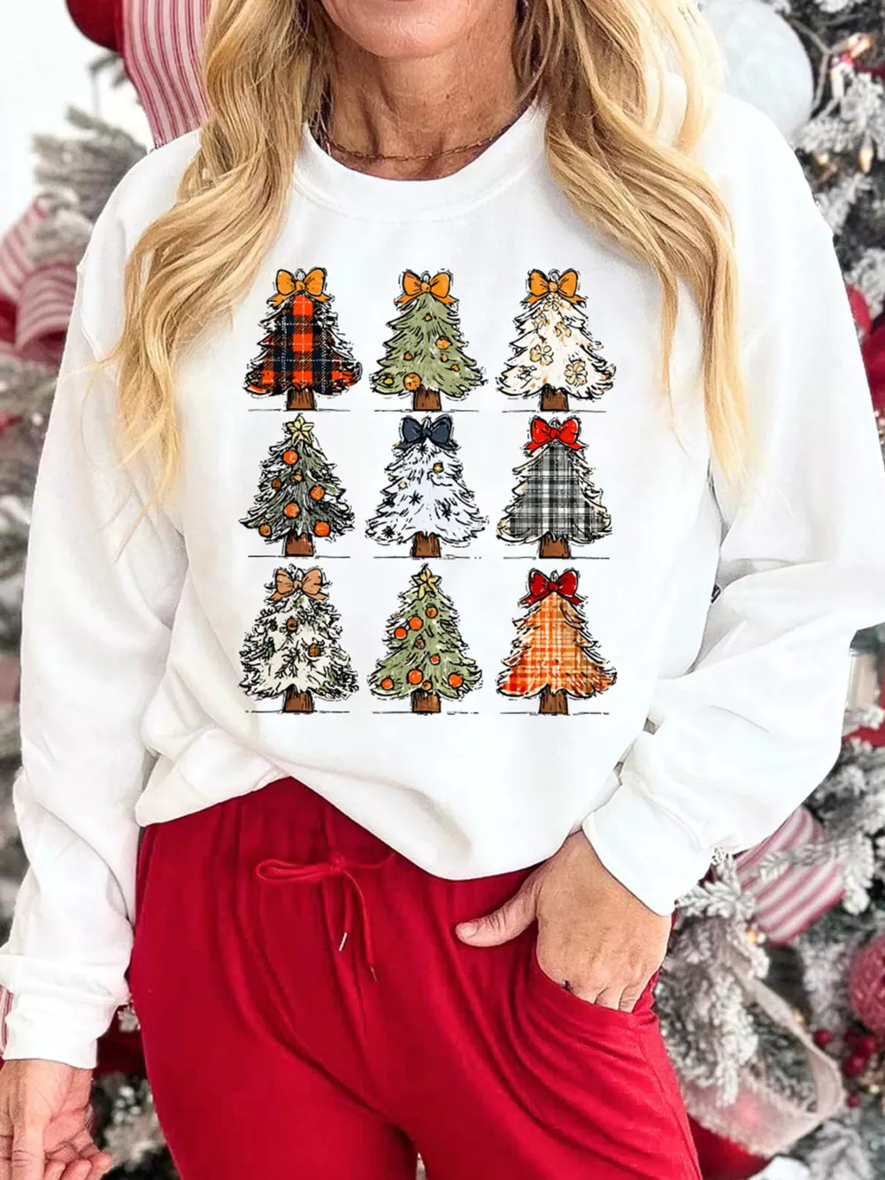 Christmas Tree Graphic Round Neck Sweatshirt, image 3
