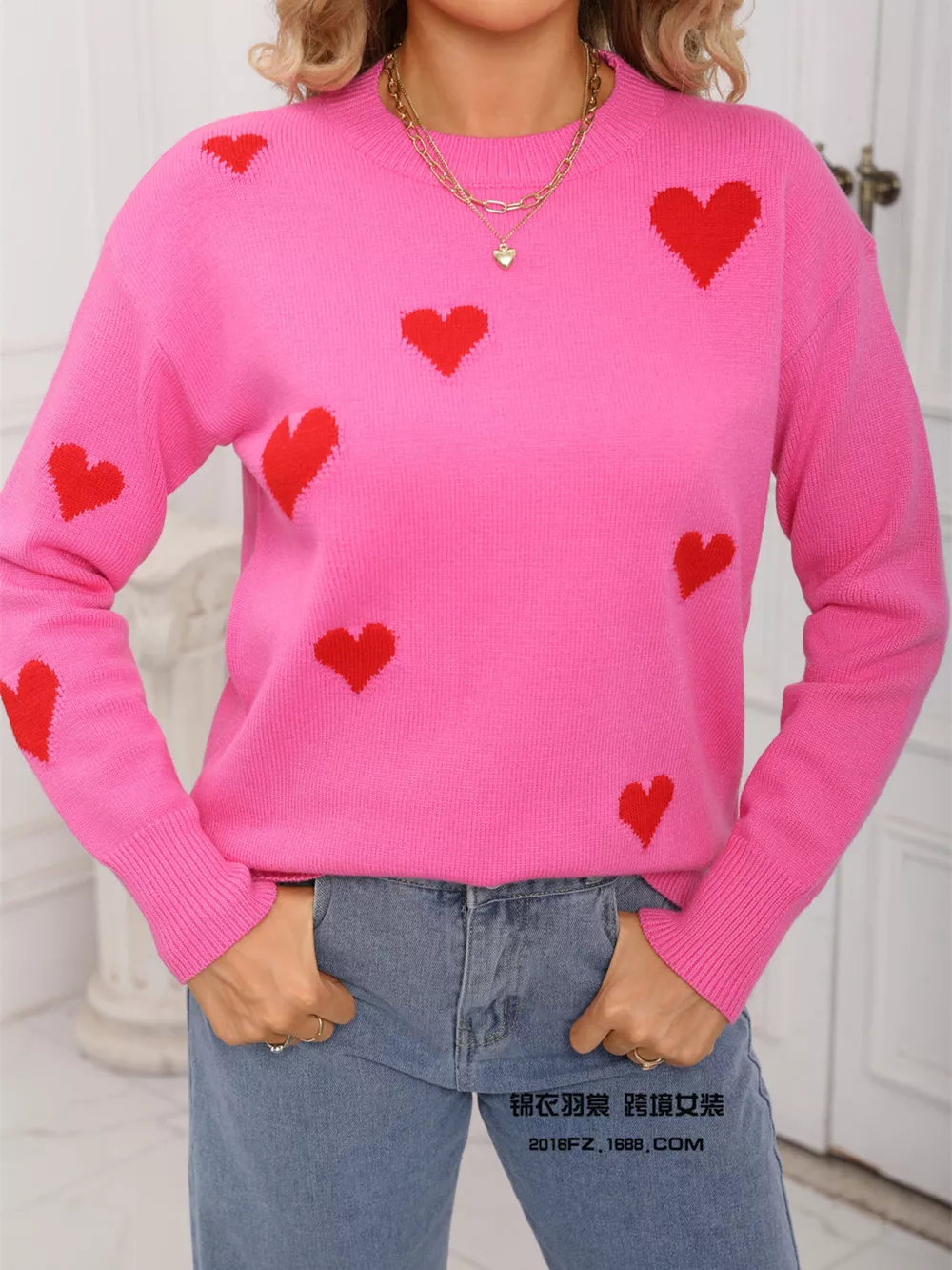 Valentine's Day Heart Print Round Neck Sweater, image 8