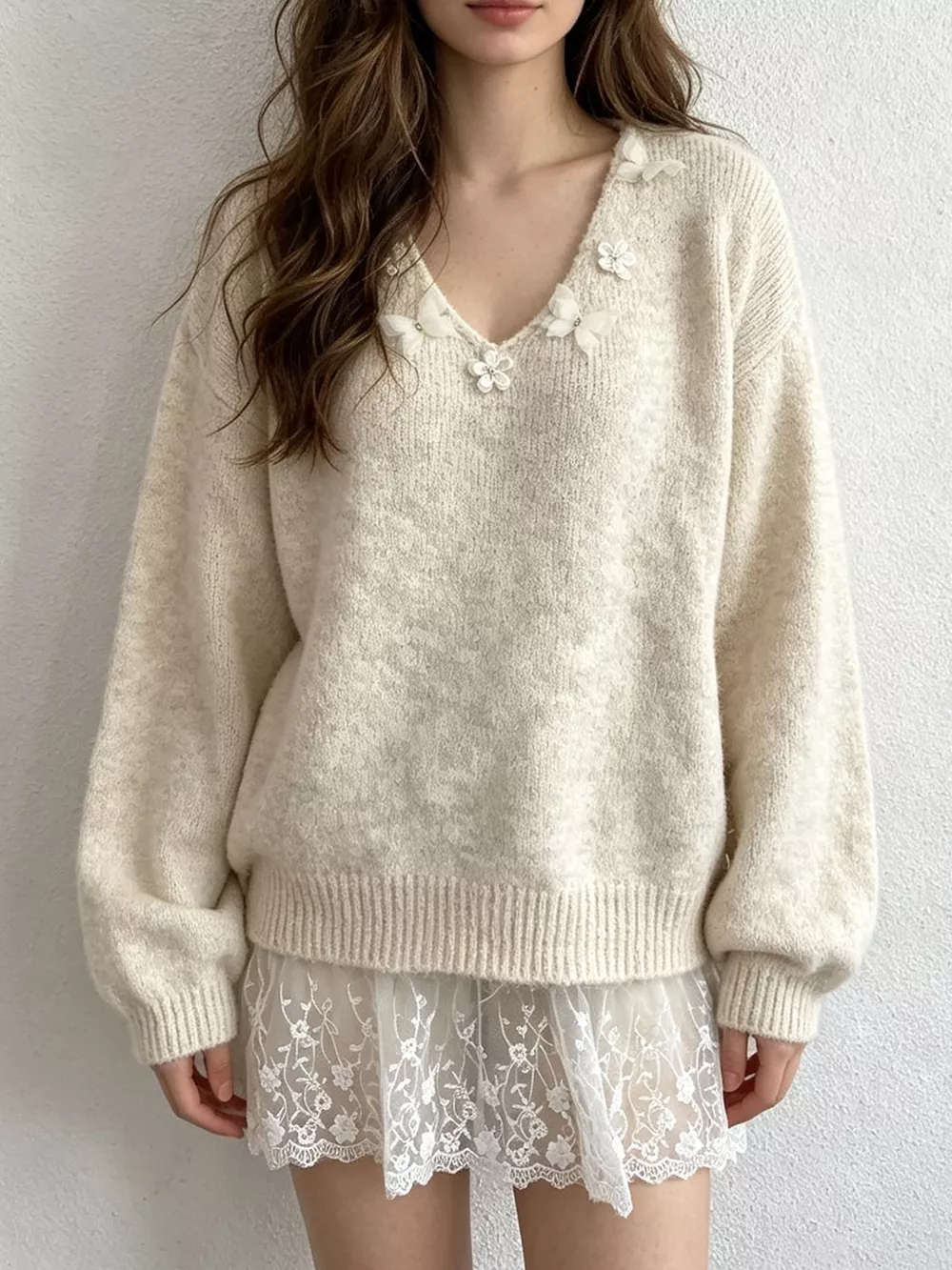 V-Neck Floral Applique Lace Hem Sweater, image 10