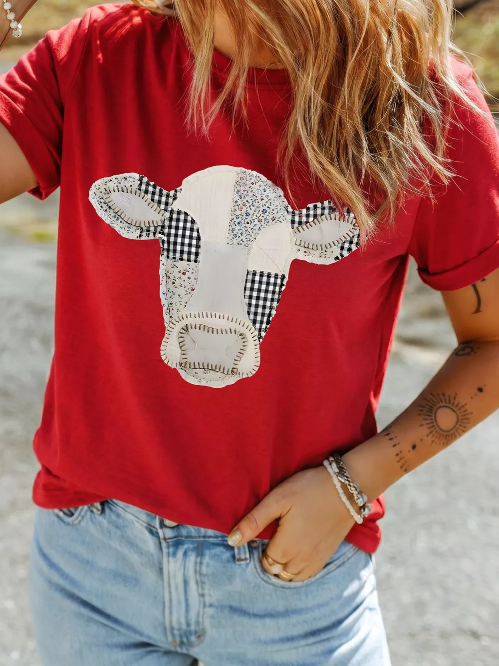 Western Patchwork Cow Print Round Neck Casual T Shirt, image 4