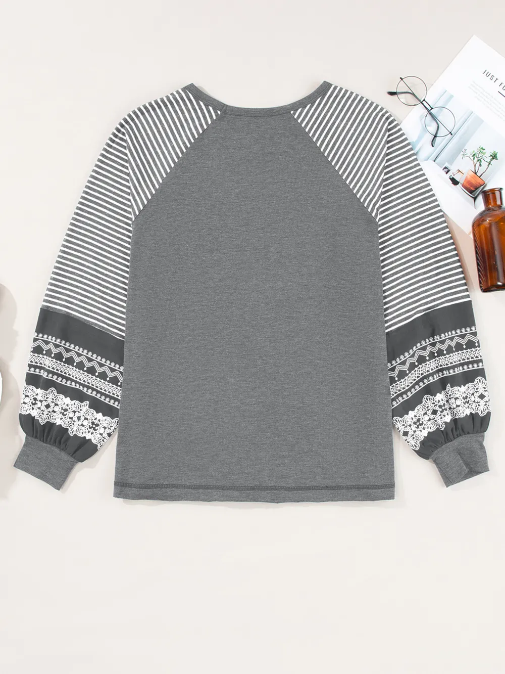 Contrast Print Striped Raglan Long Sleeve Loose Top, image 21