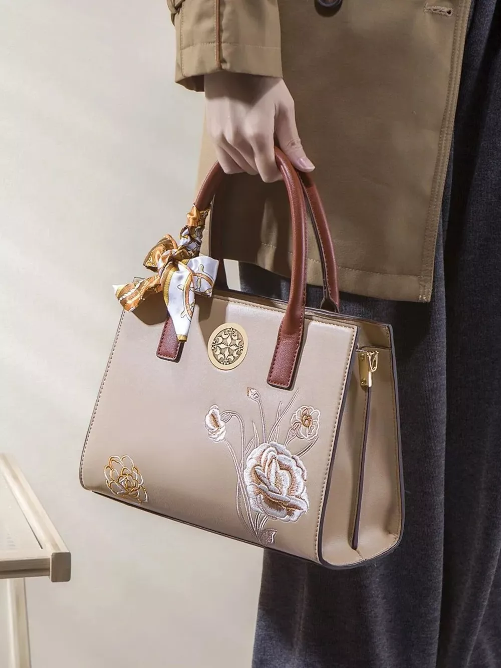 Floral Embroidered Top Handle Handbag, image 6