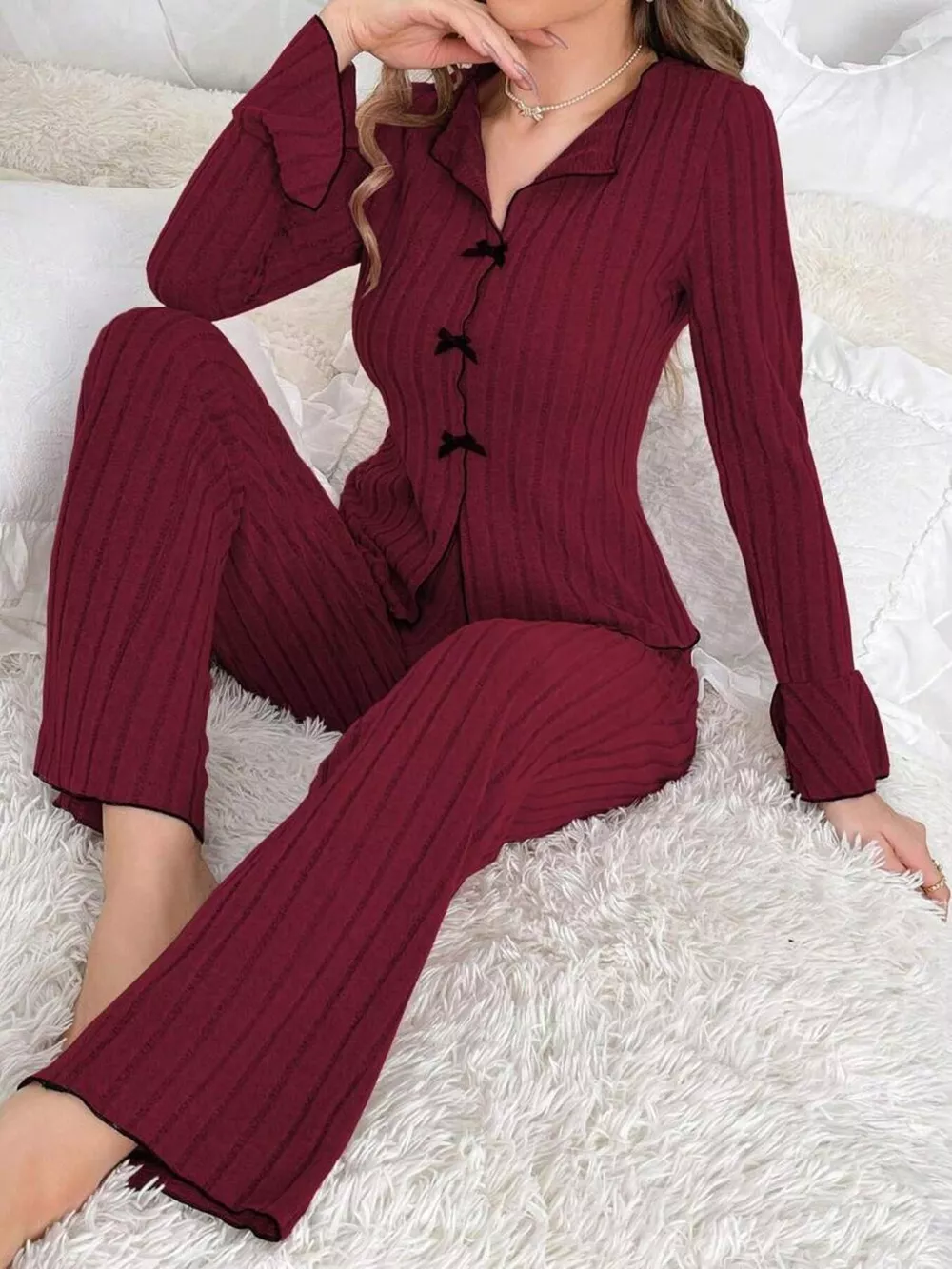 Contrast Bow Detail Top and Pants Lounge Set, image 18