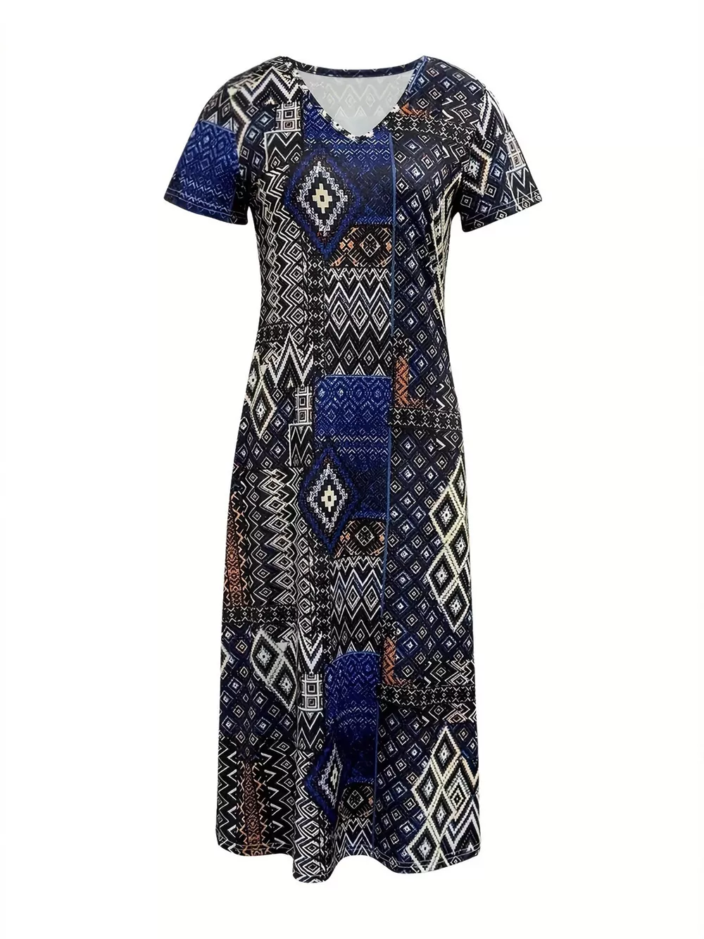Plus Size Geometric Print V-Neck Short Sleeve Dress, image 3
