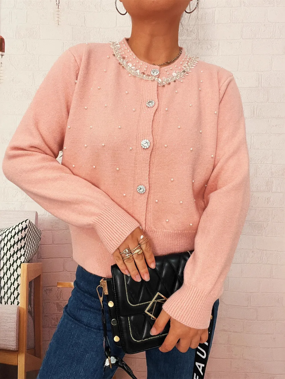 Pearl Detail Button-Front Cardigan, image 14