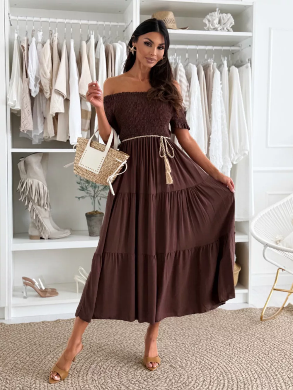 Off Shoulder Smocked Tiered Midi Dress, image 2