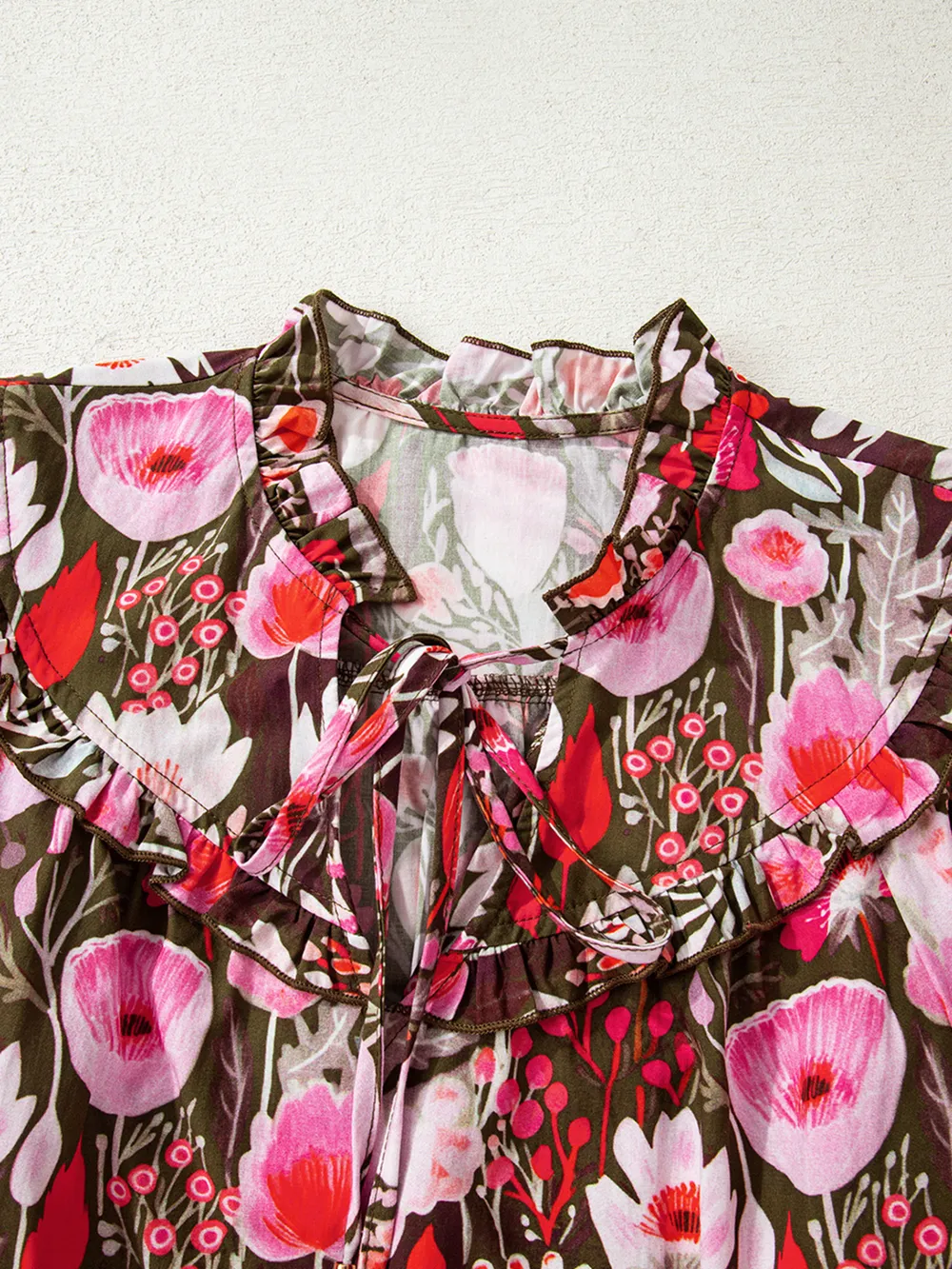 Floral Balloon Sleeve Tie Neck Blouse, image 10