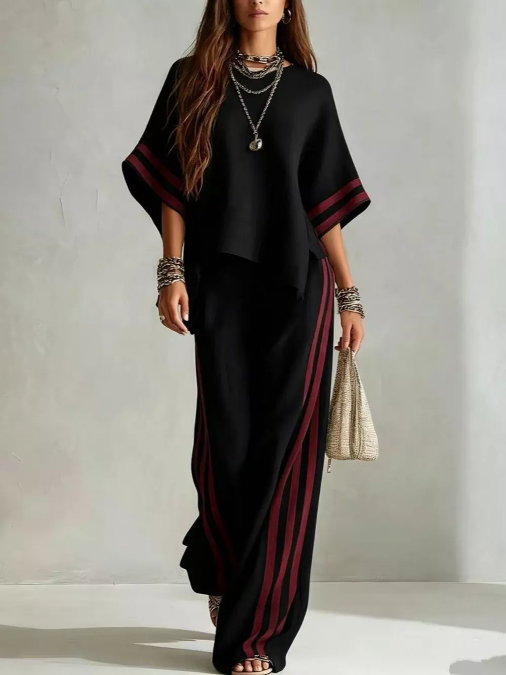 Full Size Striped 3/4 Sleeve Top and Pants Set Plus Size, image 3