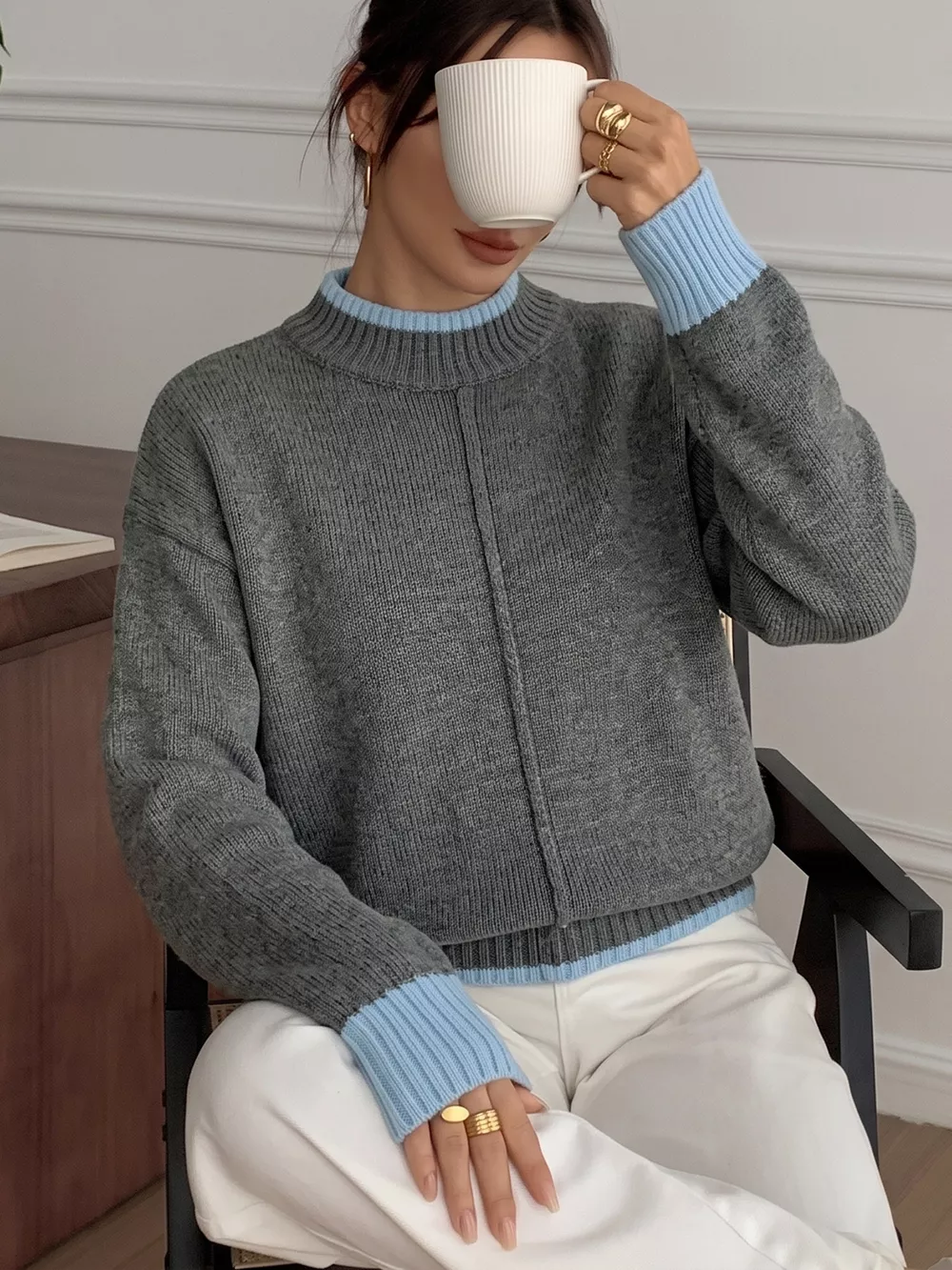 Contrast Trim Crew Neck Sweater, image 4