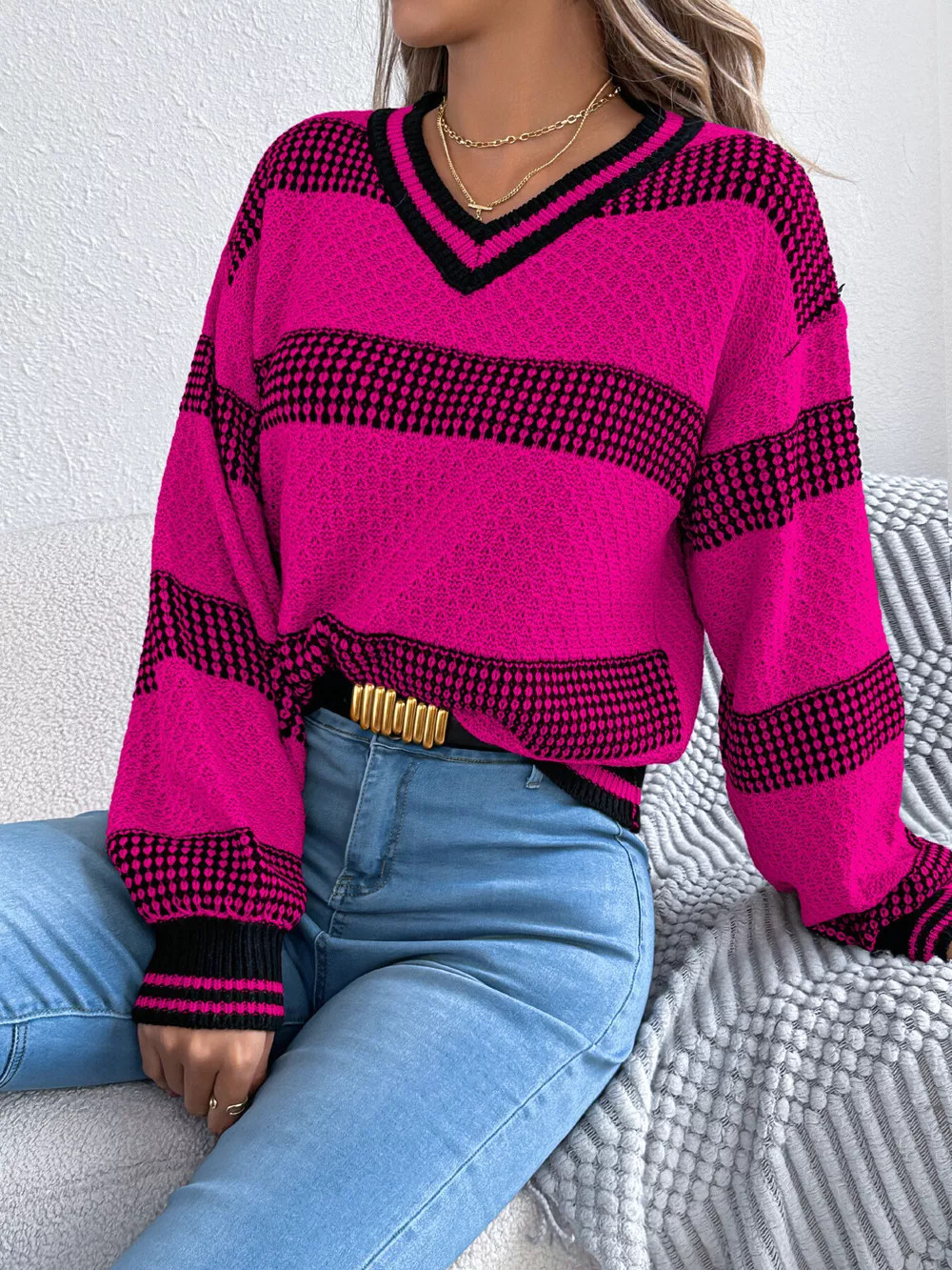 Contrast Striped V-Neck Sweater, image 13