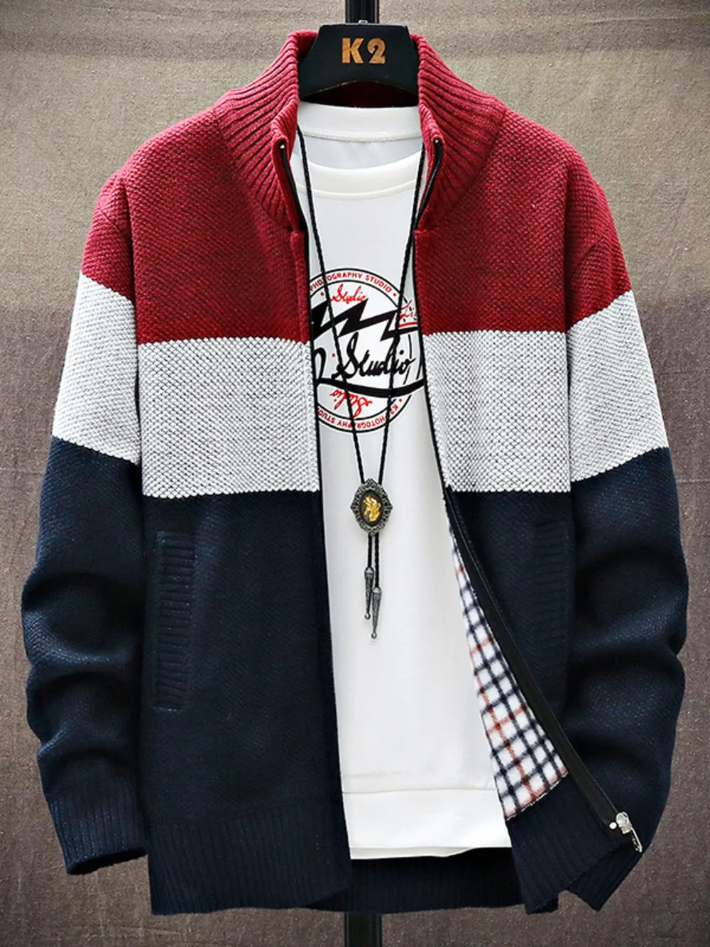 Men's Plus Size Color Block Zip Up Cardigan, image 2