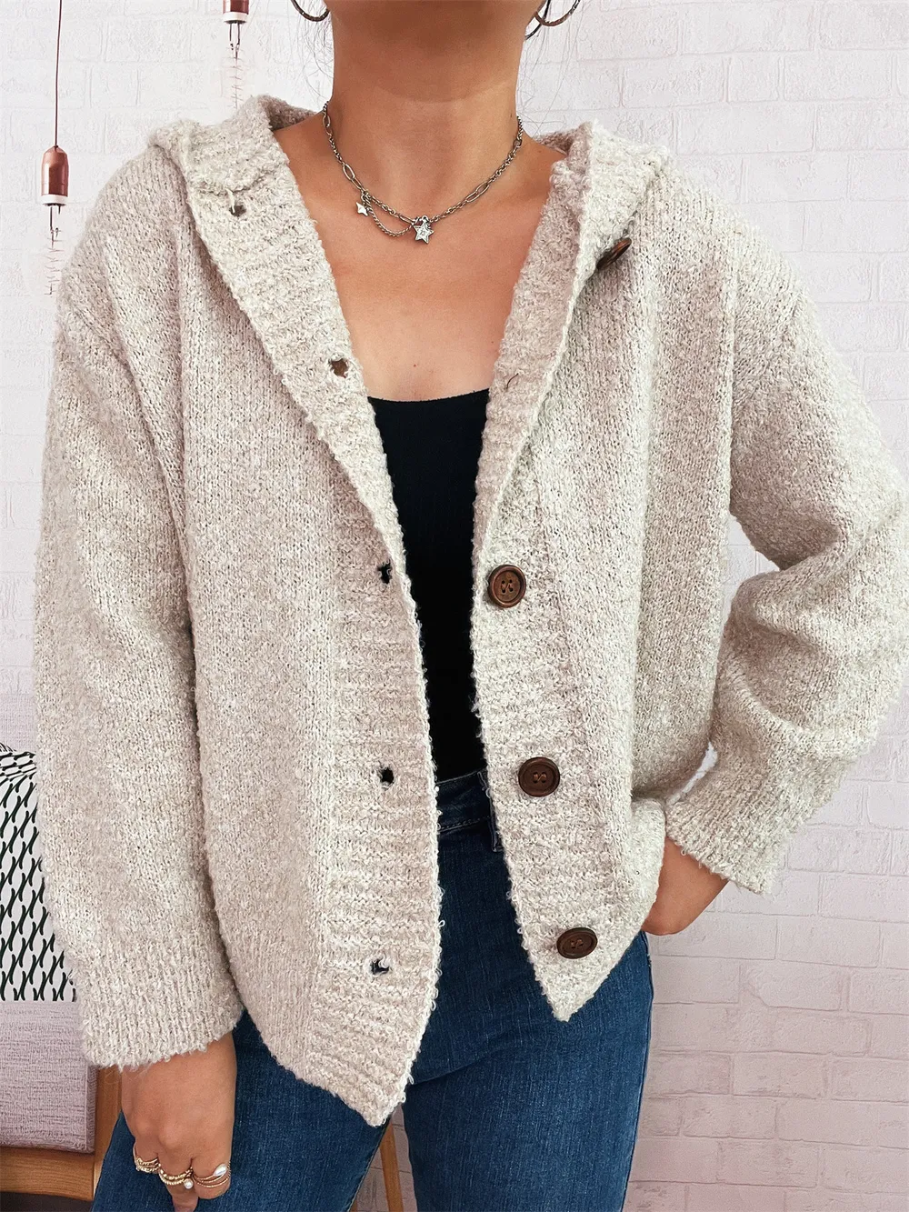 Cozy Button-Up Hooded Cardigan, image 3