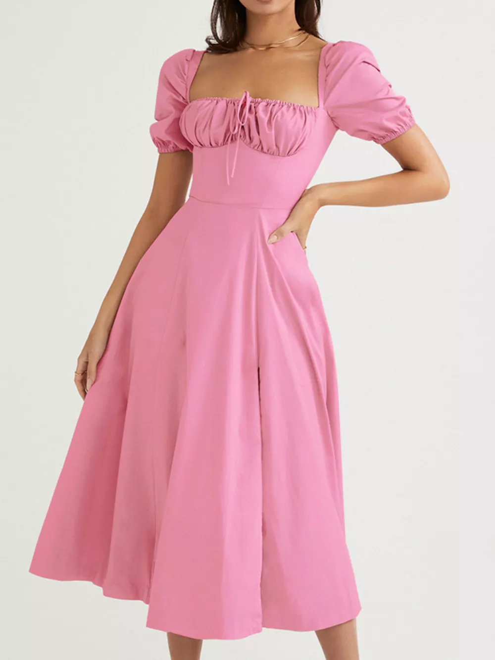 Puff Sleeve Tie Front Slit Midi Dress, image 5