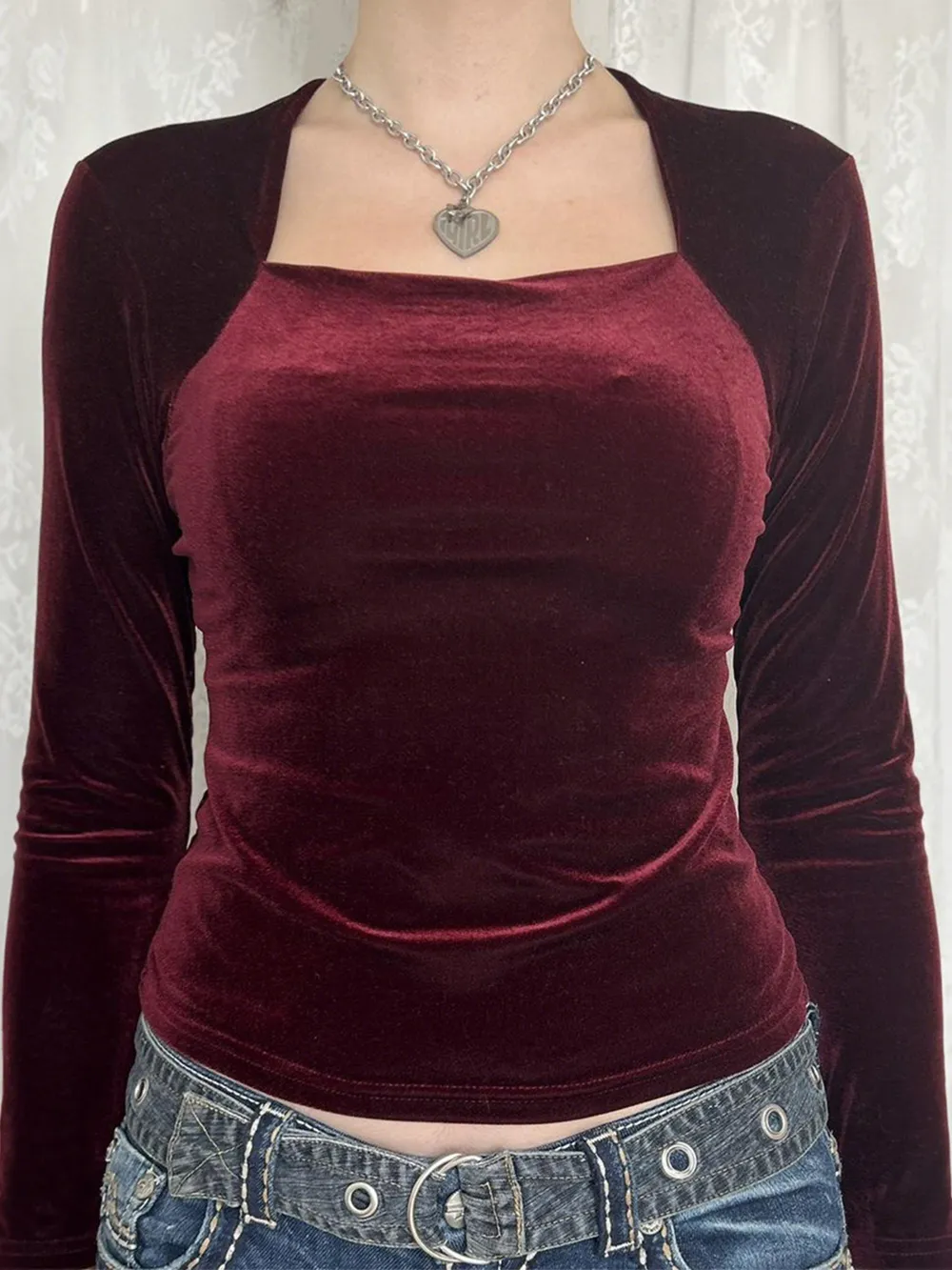 Velvet Long Sleeve Square Neck T-Shirt, image 3