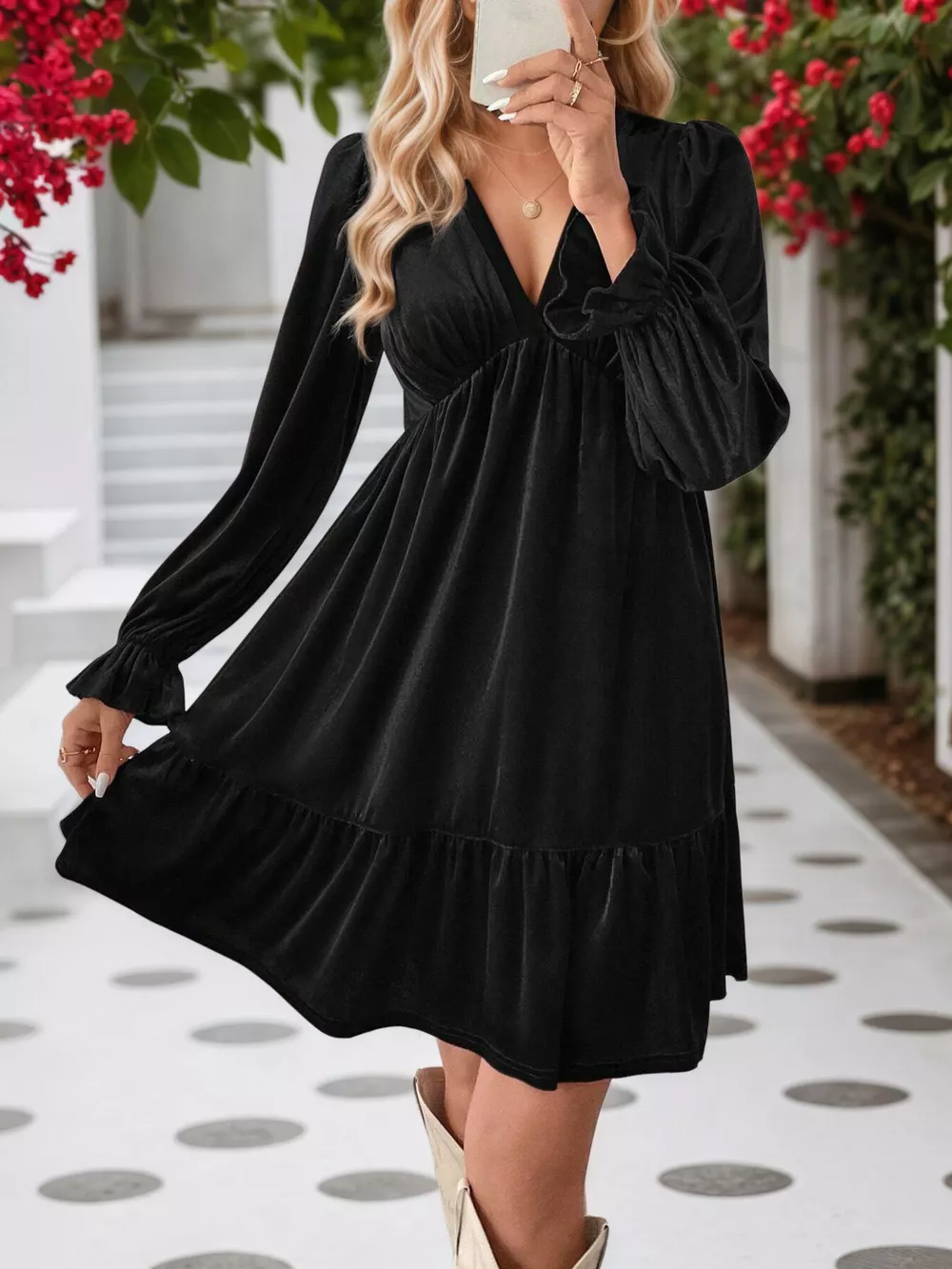 Velvet V-Neck Long Sleeve Ruffle Hem Mini Dress, image 5