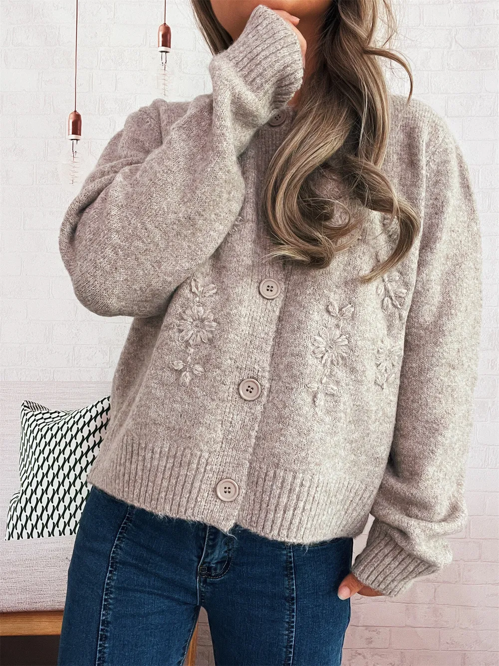 Flower Button Up Ribbed Hem Cardigan, image 6
