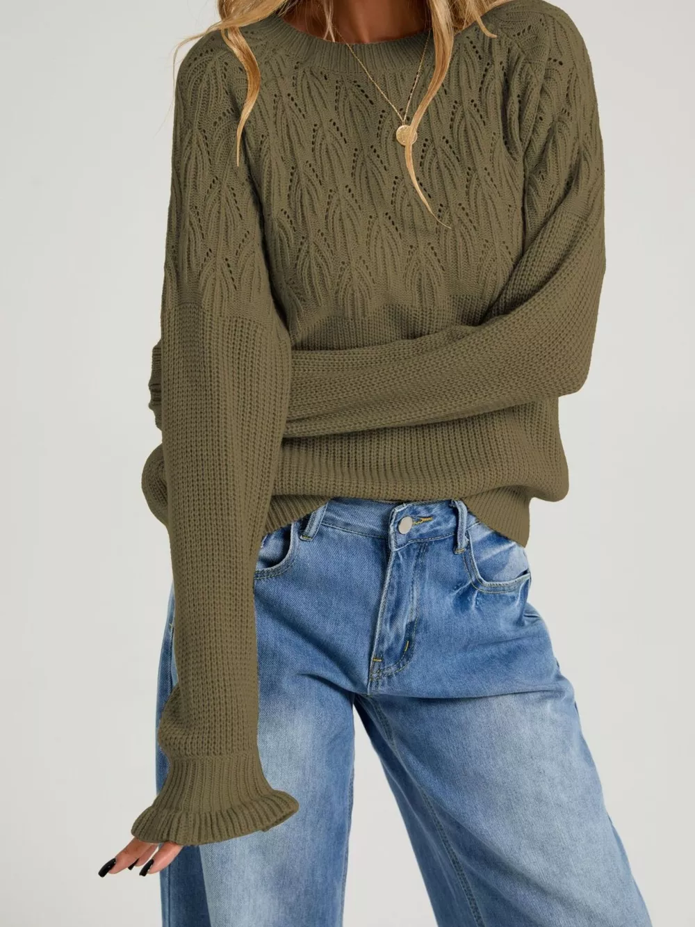 Pointelle Knit Round Neck Sweater, image 8