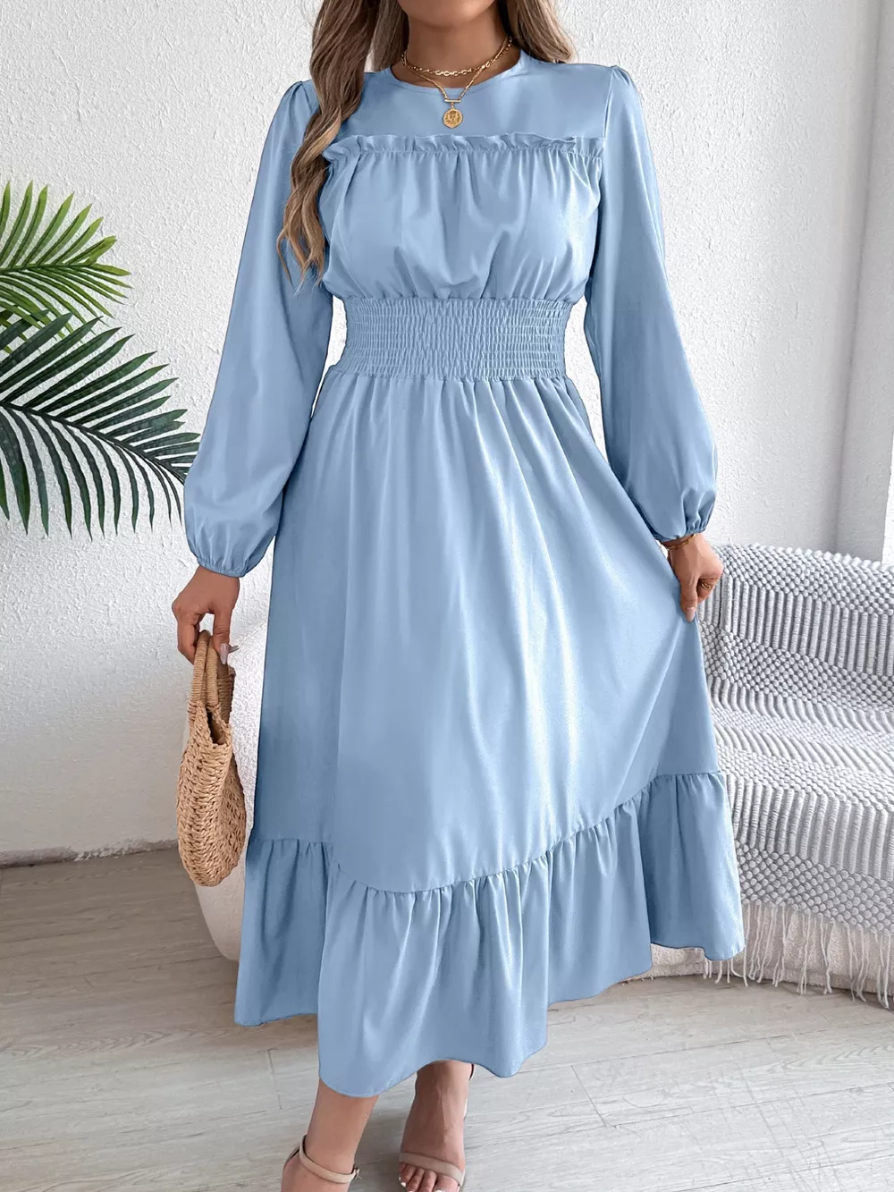 Round Neck Balloon Sleeve Tiered Dress, image 24