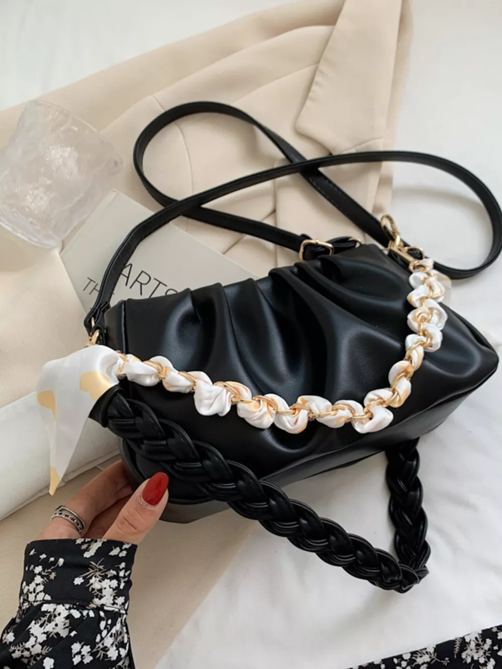 Ruched Braided Handle Shoulder Bag, image 9