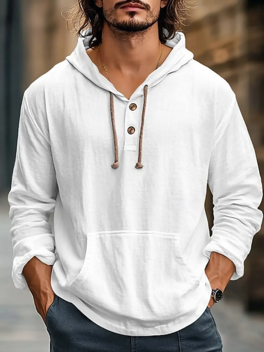 Men's Full Size Drawstring Long Sleeve Hoodie with Button Details Plus Size, image 3