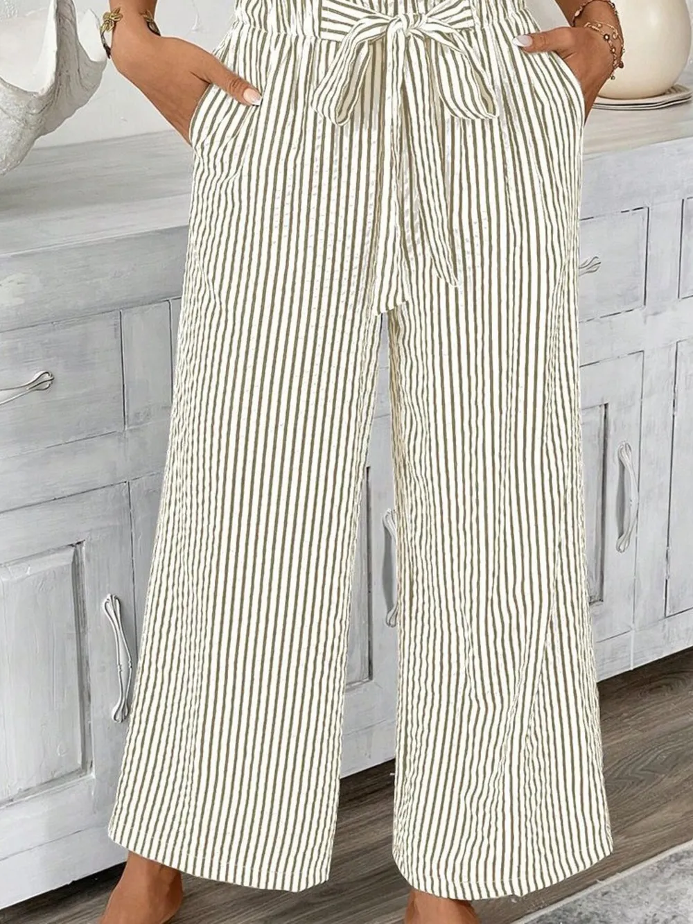 Full Size Striped Wide Leg Paper Bag Pants Plus Size, image 16