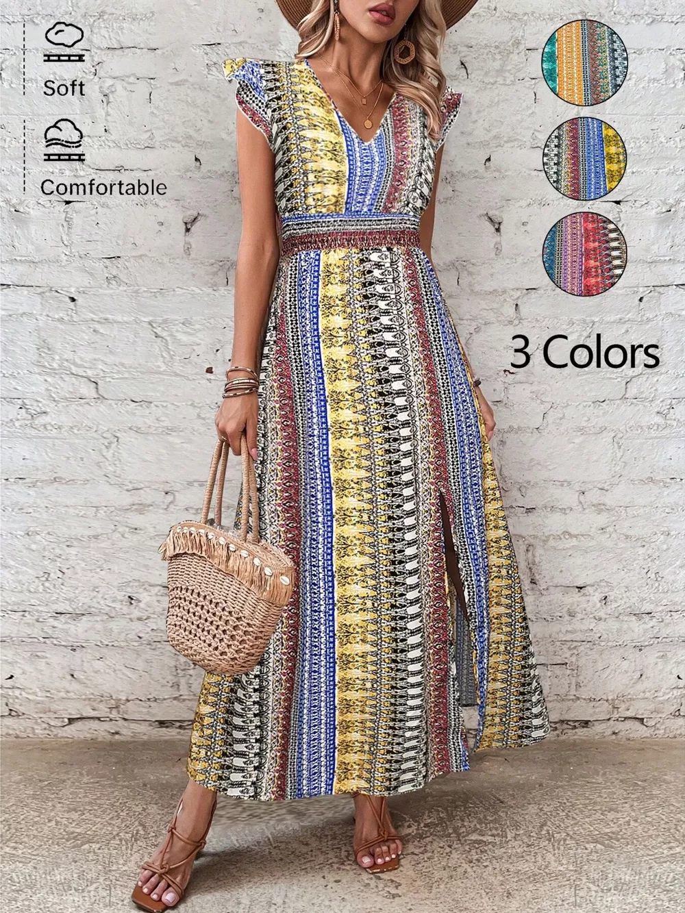 Boho Print Ruffle Sleeve Slit Dress, image 18