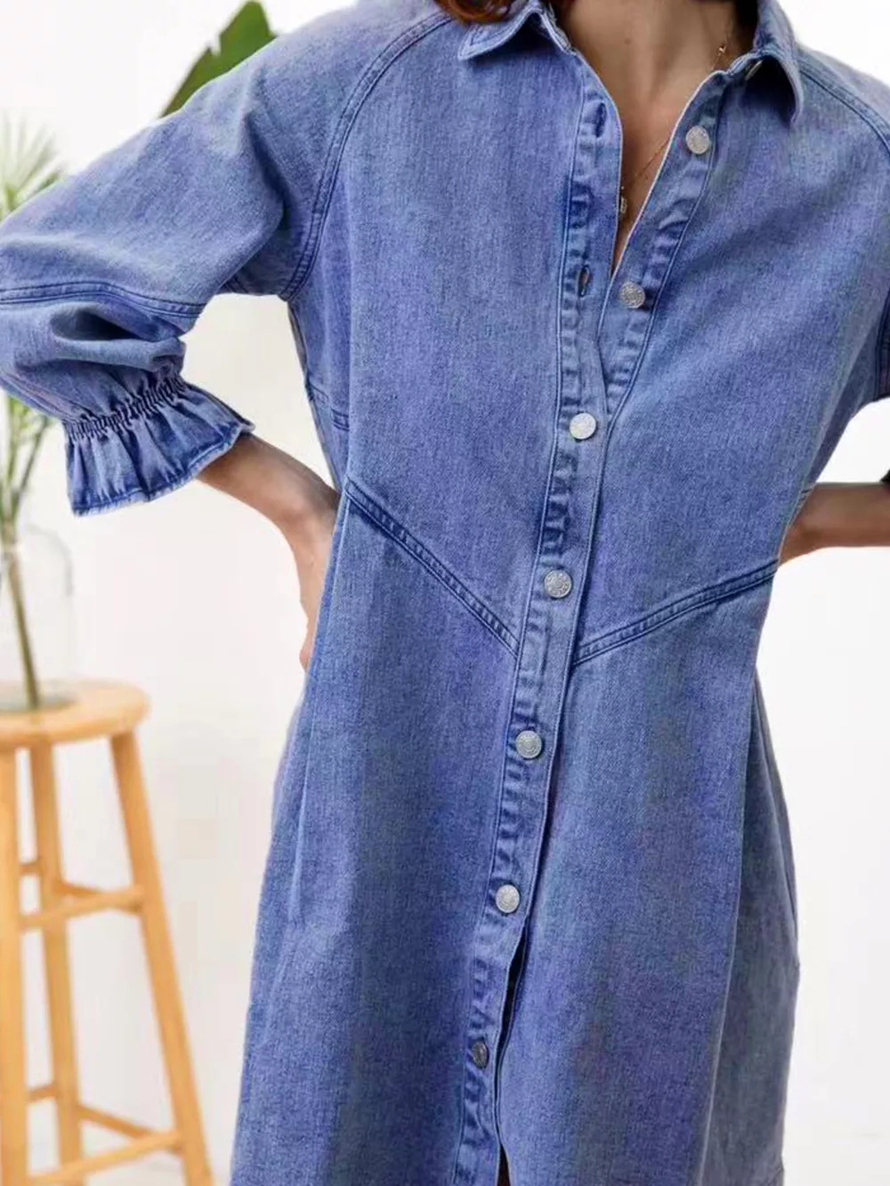 Ruffled Cuff Button-Down Denim Dress, image 3