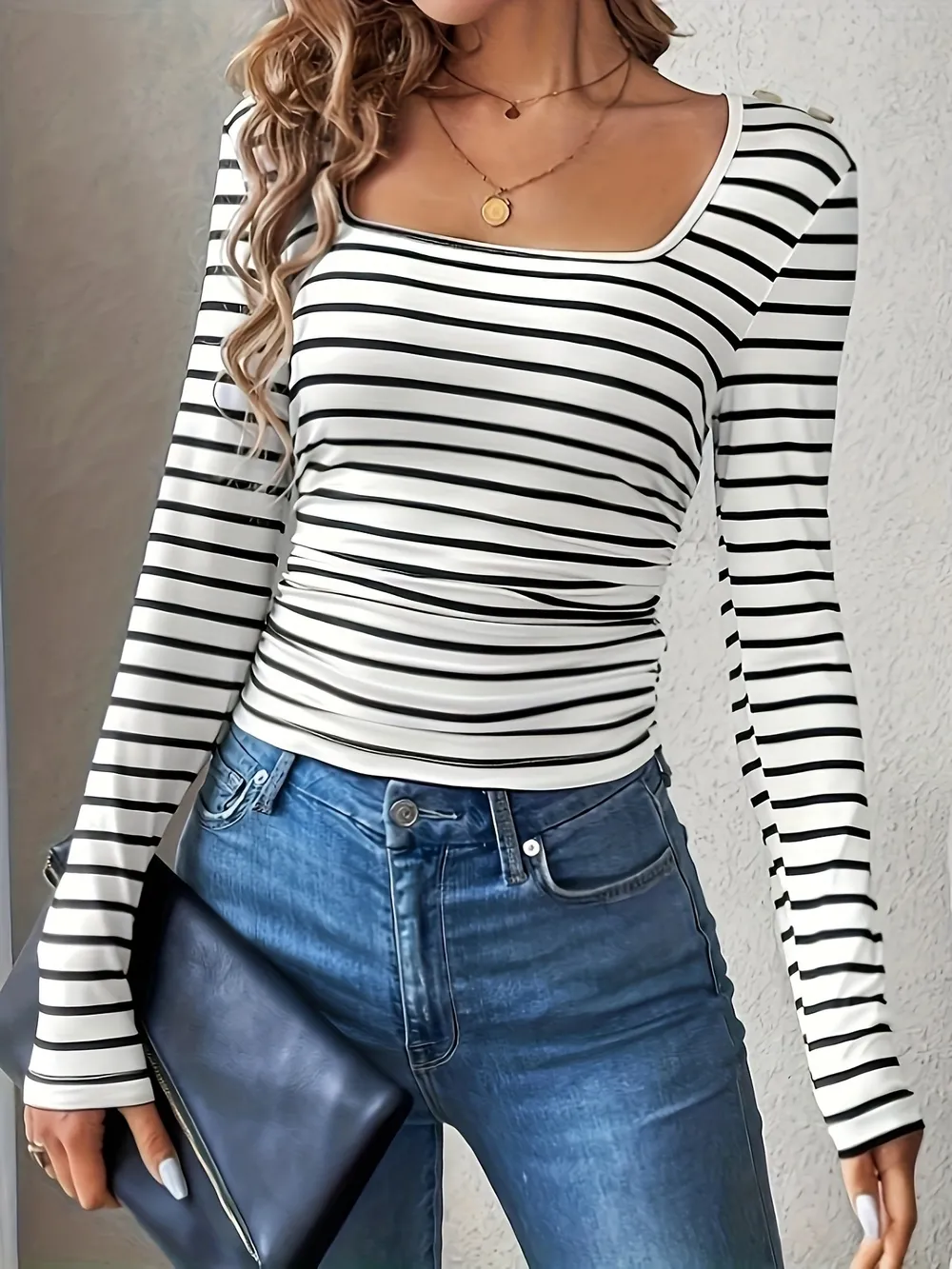 Striped Square Neck Long Sleeve T-Shirt