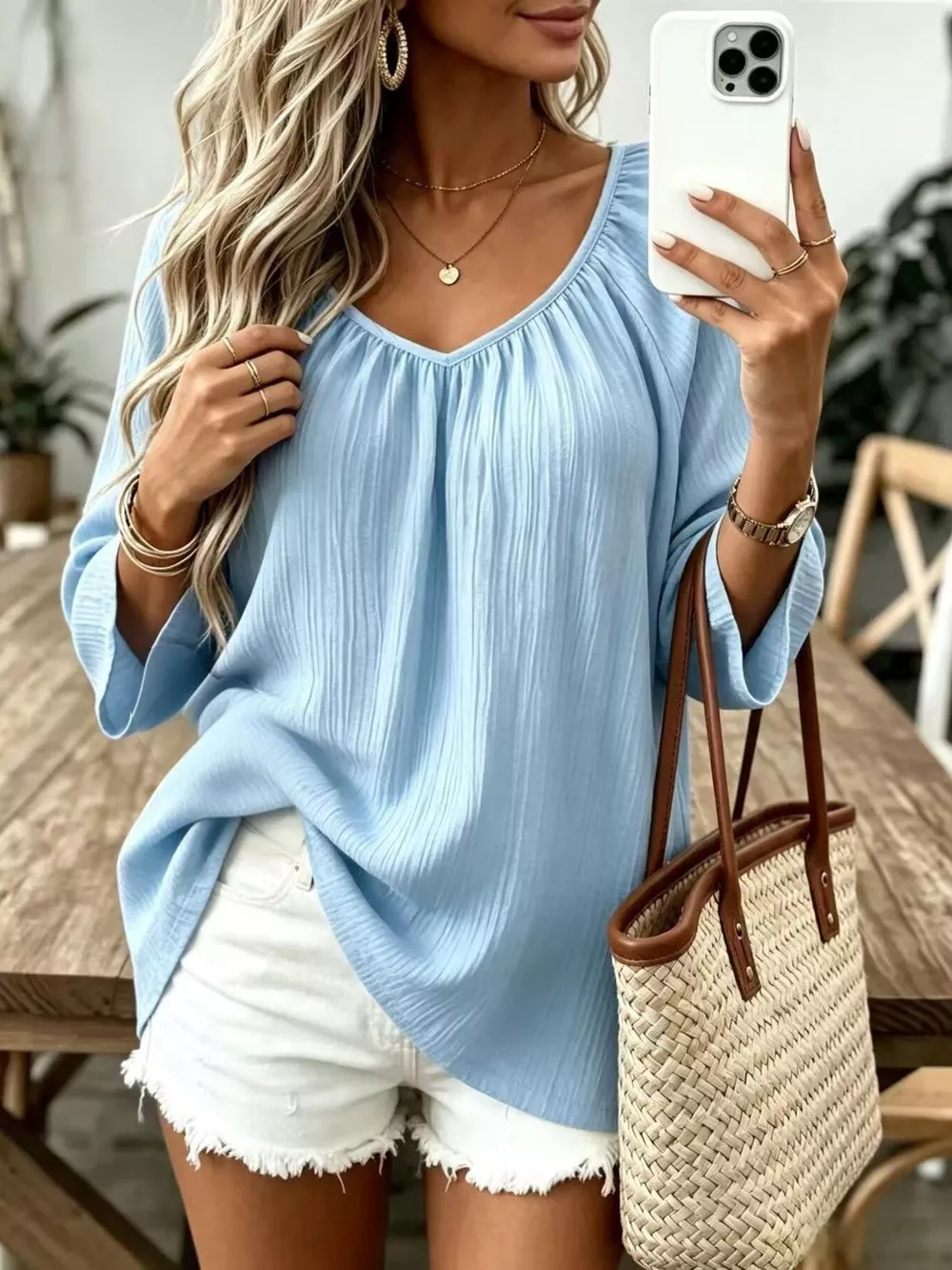 Full Size Textured V-Neck Casual T-Shirt Plus Size, image 22