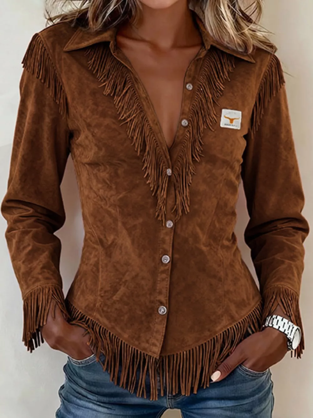 Full Size Fringed Collared Neck Shirt Plus Size, image 6