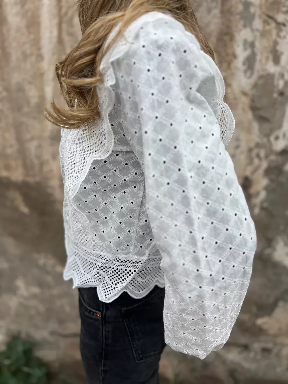 Eyelet Button-Up Shirt with Scalloped Hem, image 4