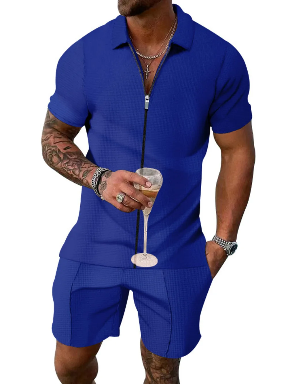 Men's Plus Size Zip Up Short Sleeve Top and Shorts Set, image 6
