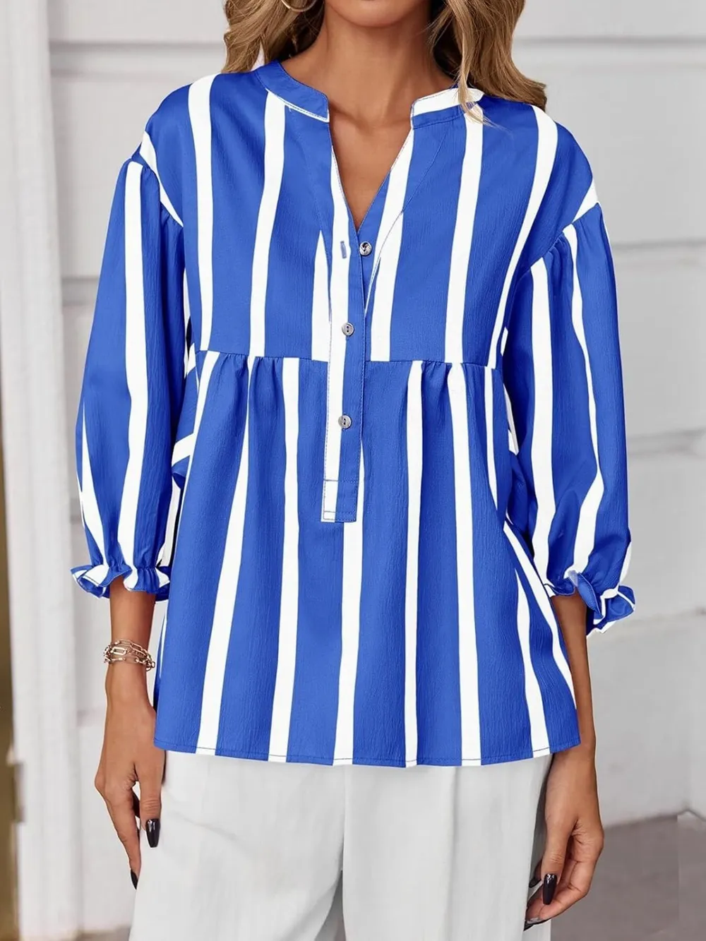 Striped Button Front Notched Blouse, image 17
