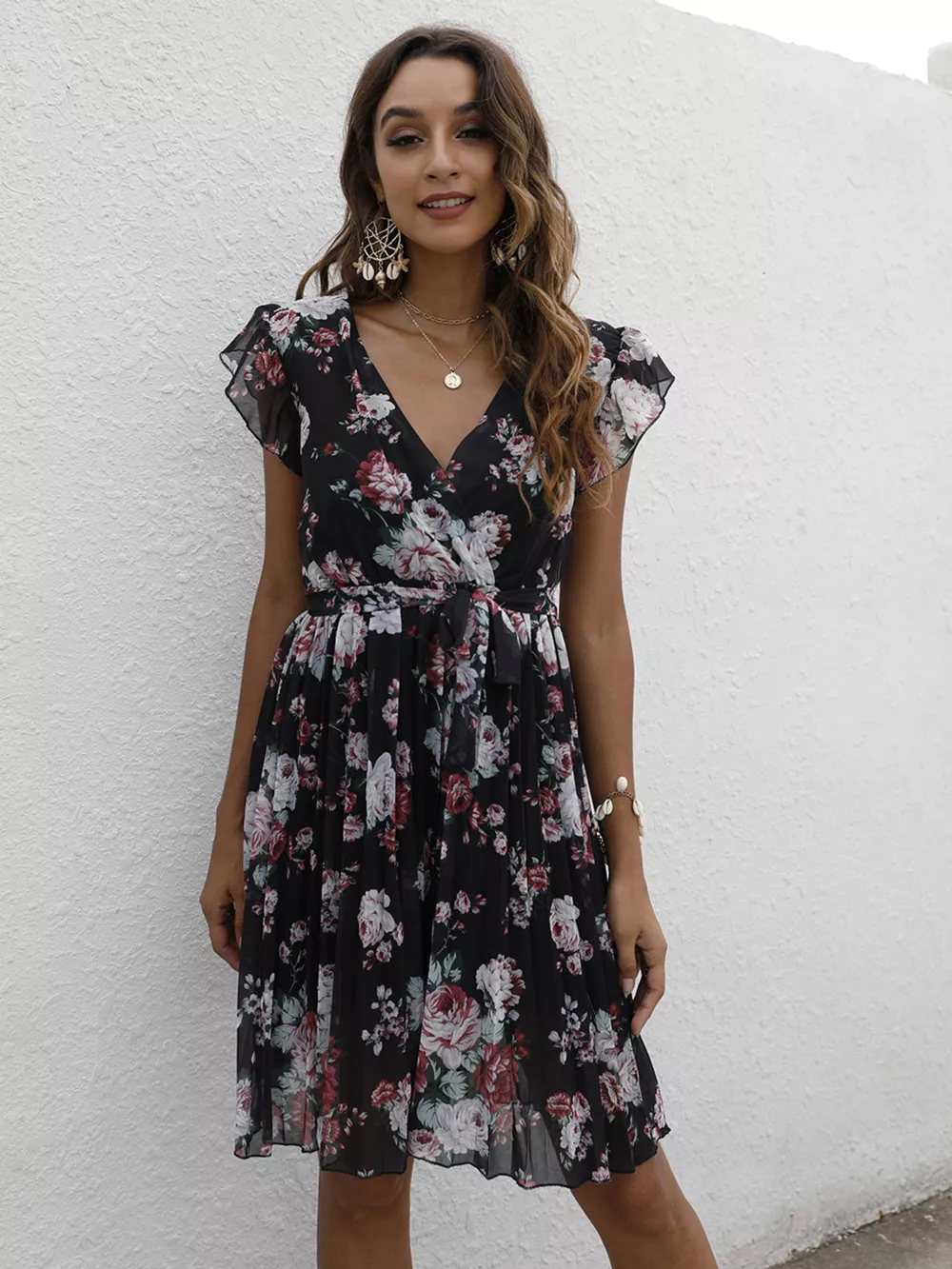 Pleated Floral Print Ruffle Sleeve Dress, image 9