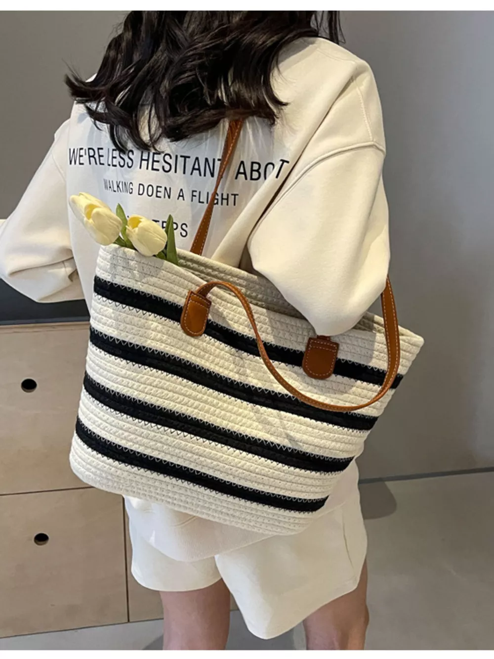 Striped Straw Tote Bag, image 4