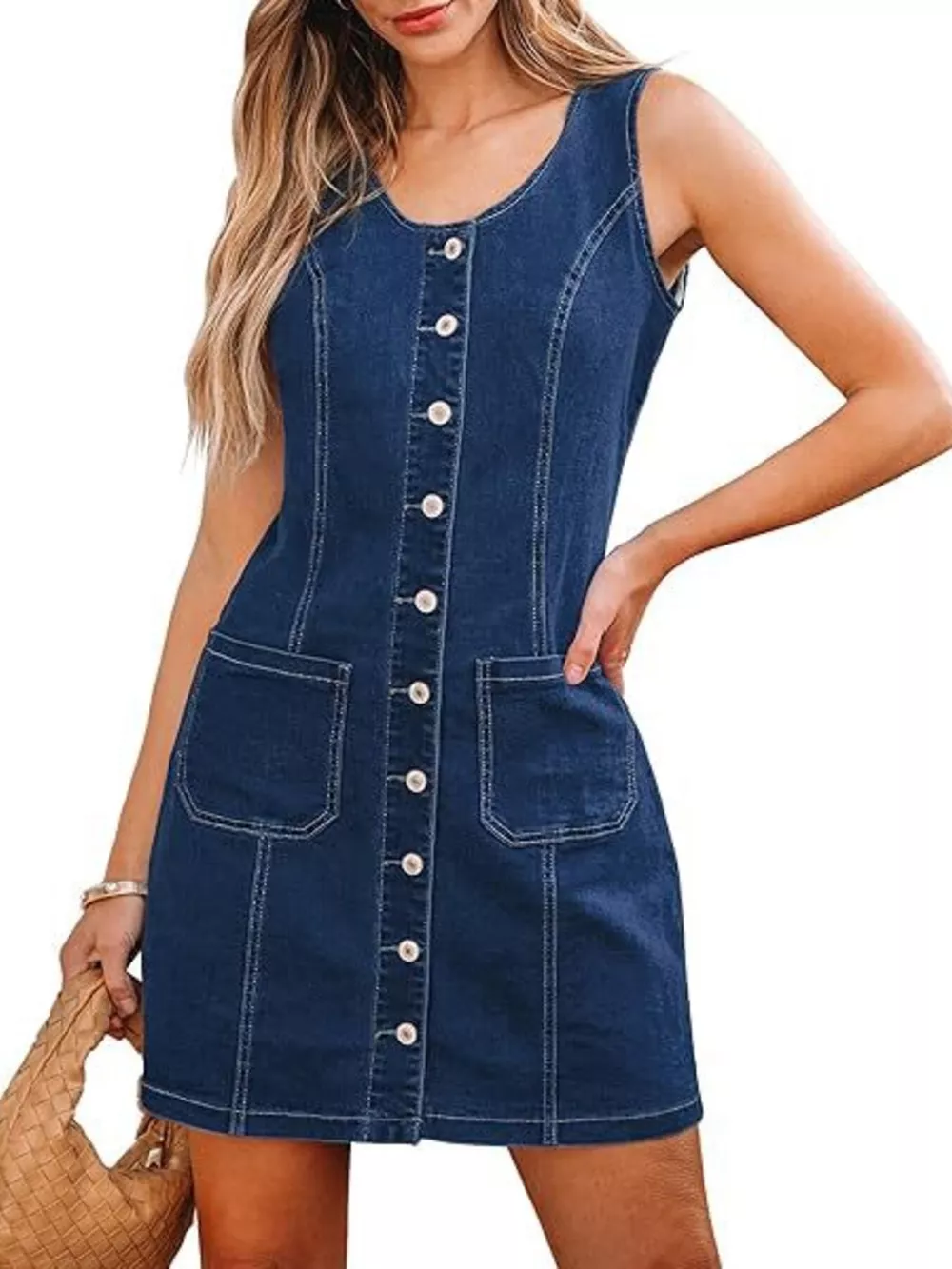 Button-Front Sleeveless Denim Dress, image 6