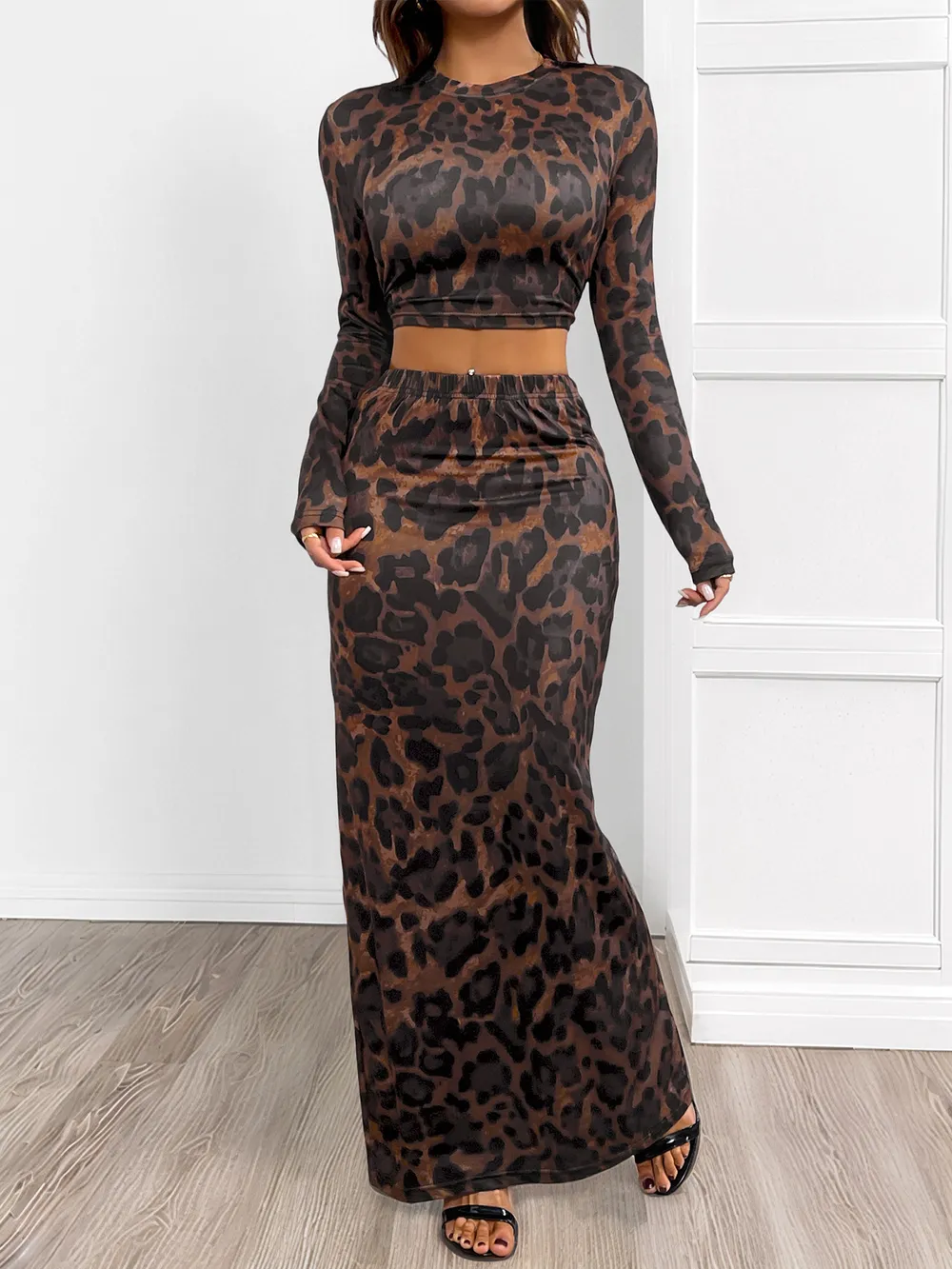 Leopard Round Neck Top and Skirt Set