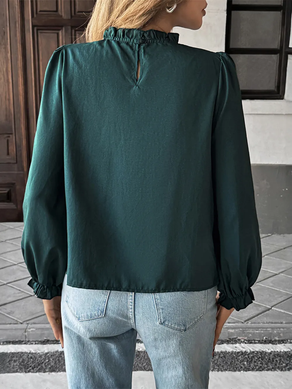 Ruched Round Neck Long Sleeve Blouse, image 5