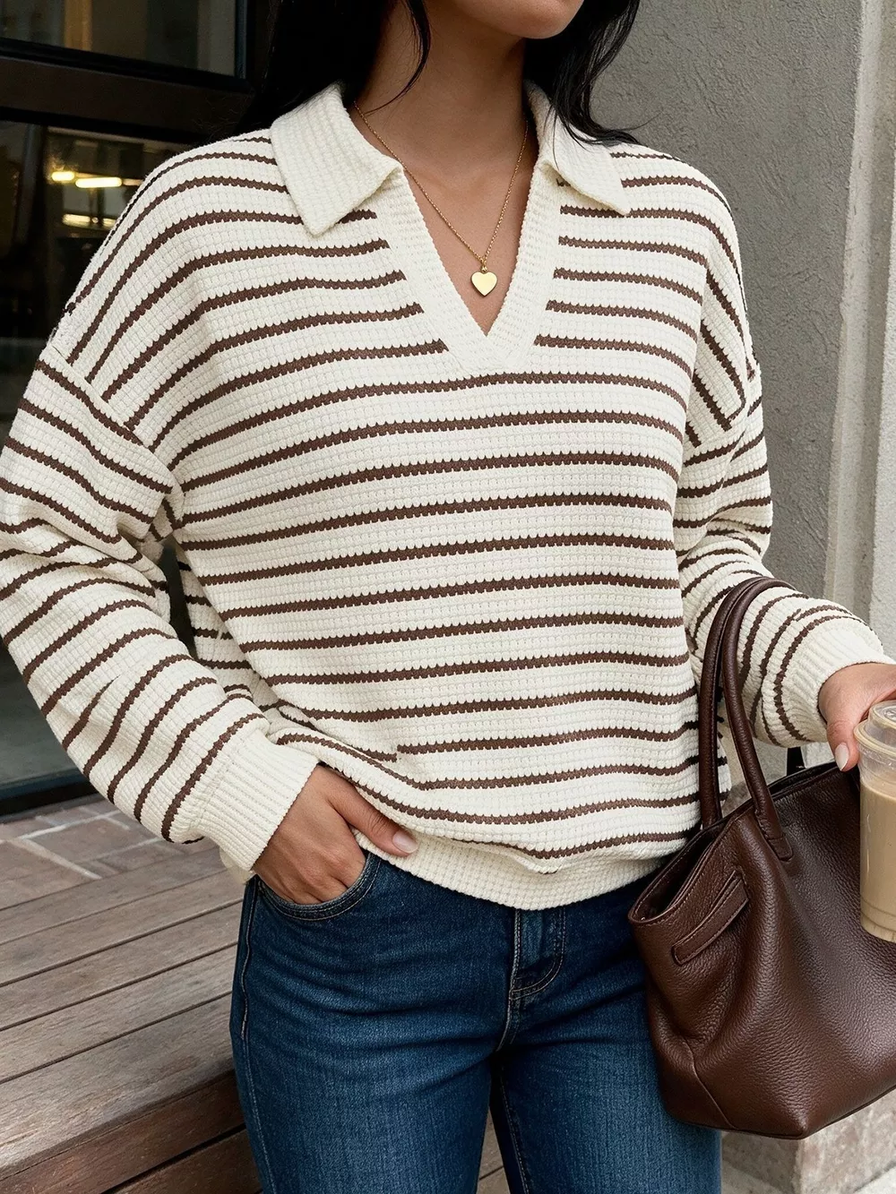 Striped Polo Collar Knit Sweatshirt, image 6