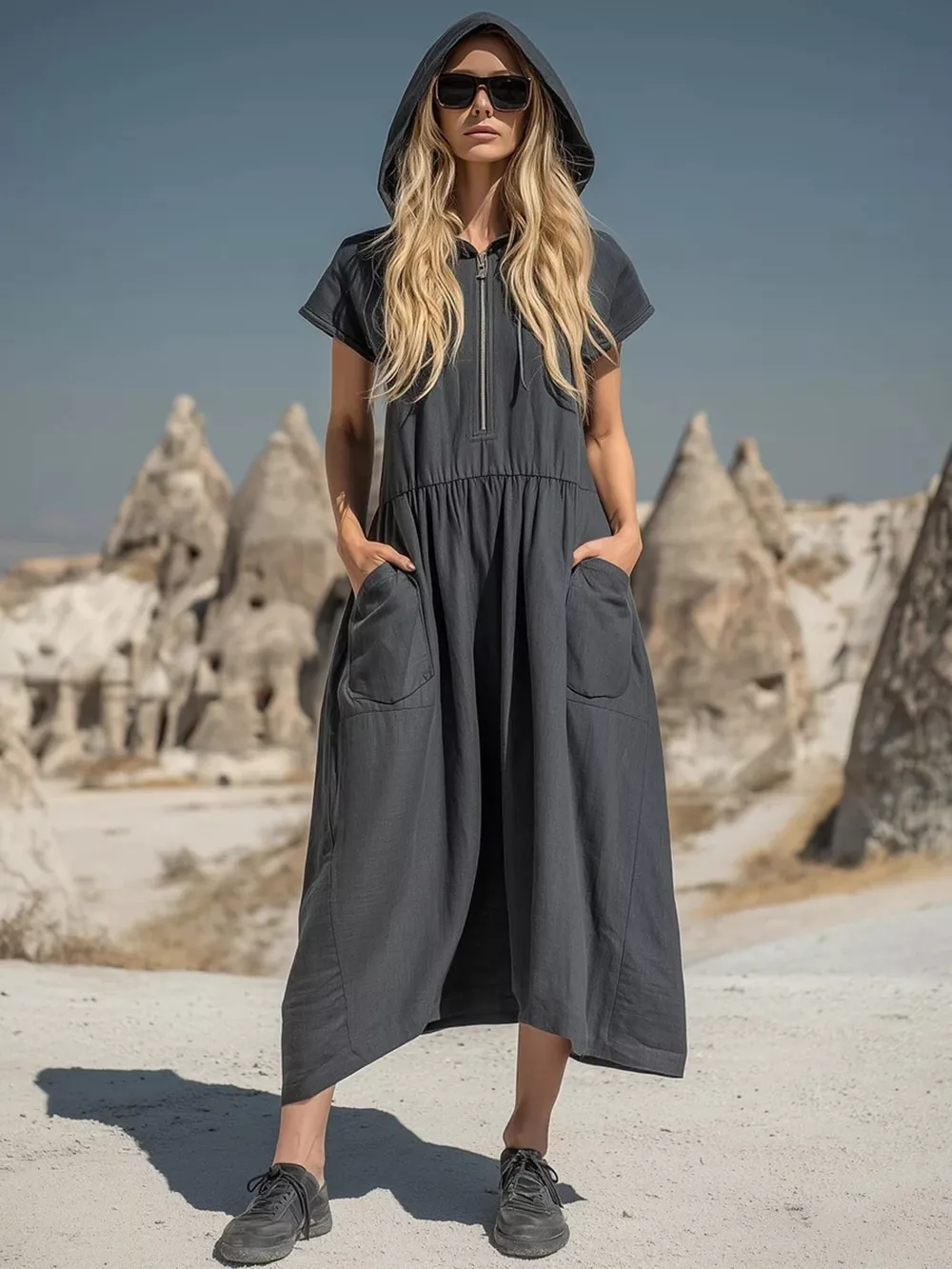 Full Size Hooded Midi Dress with Zipper and Pockets Plus Size, image 3