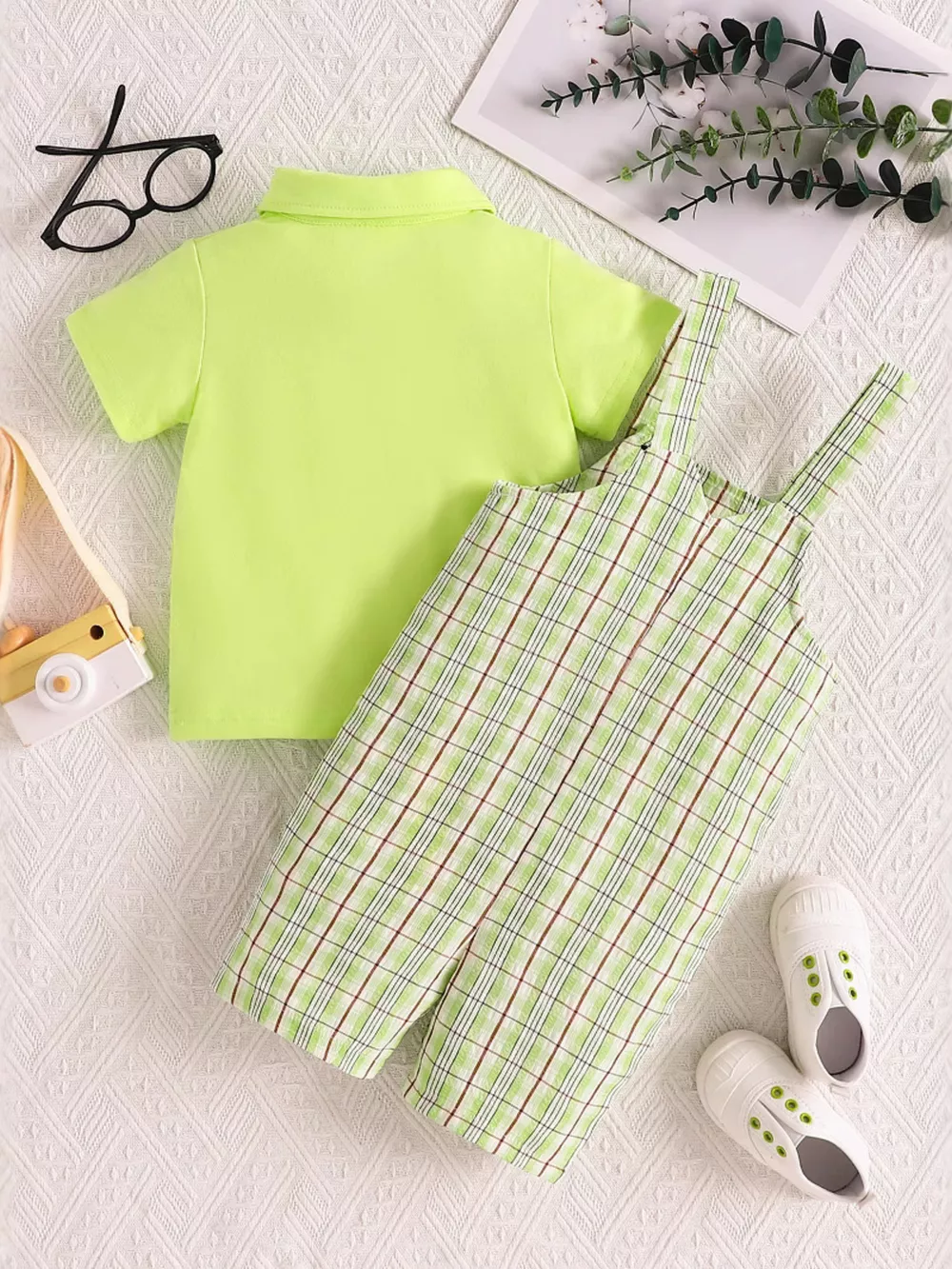 Children's Solid Color Polo & Plaid Overalls Set, image 6