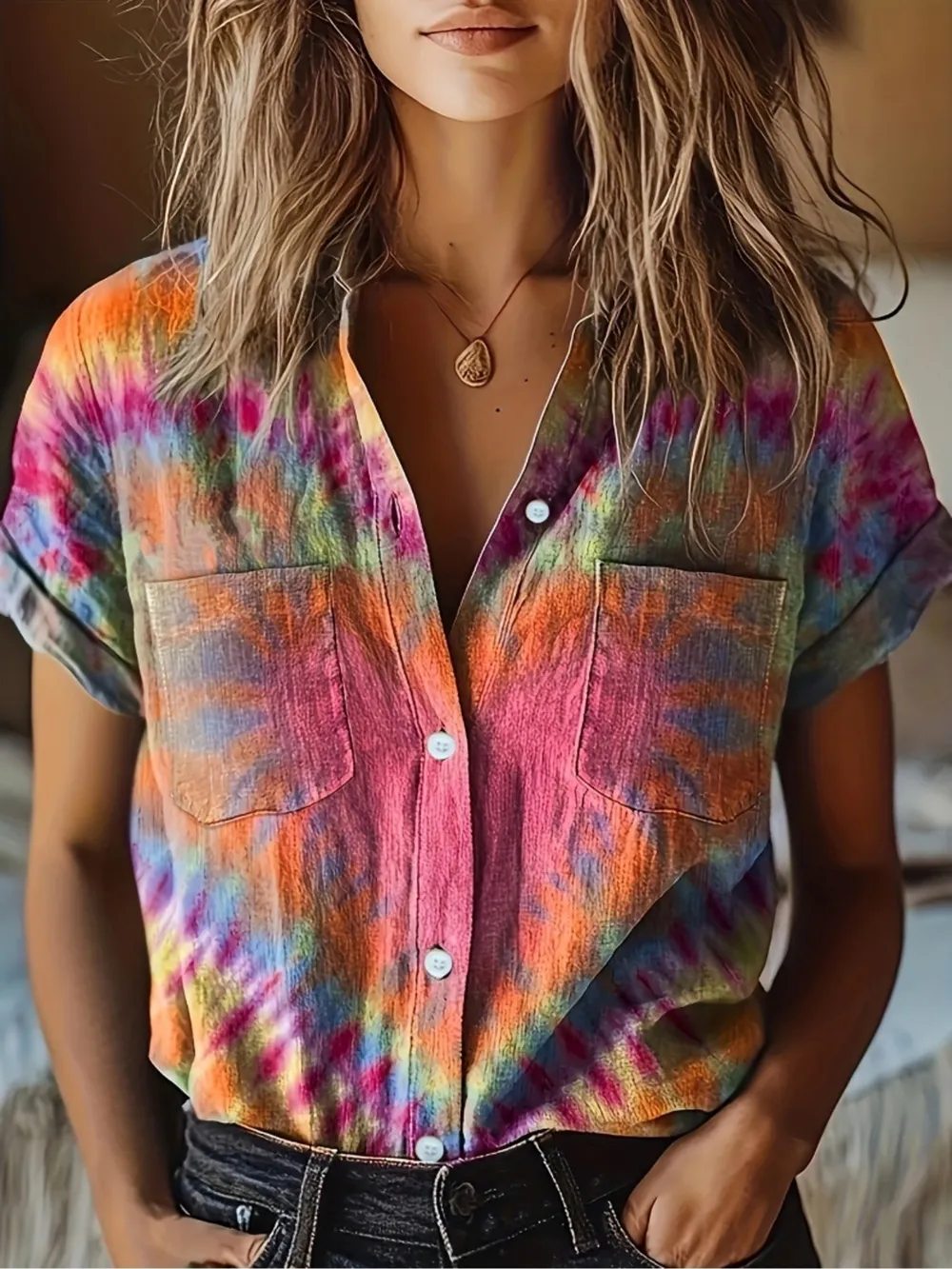 Tie-Dye Short Sleeve Button-Up Shirt, image 2