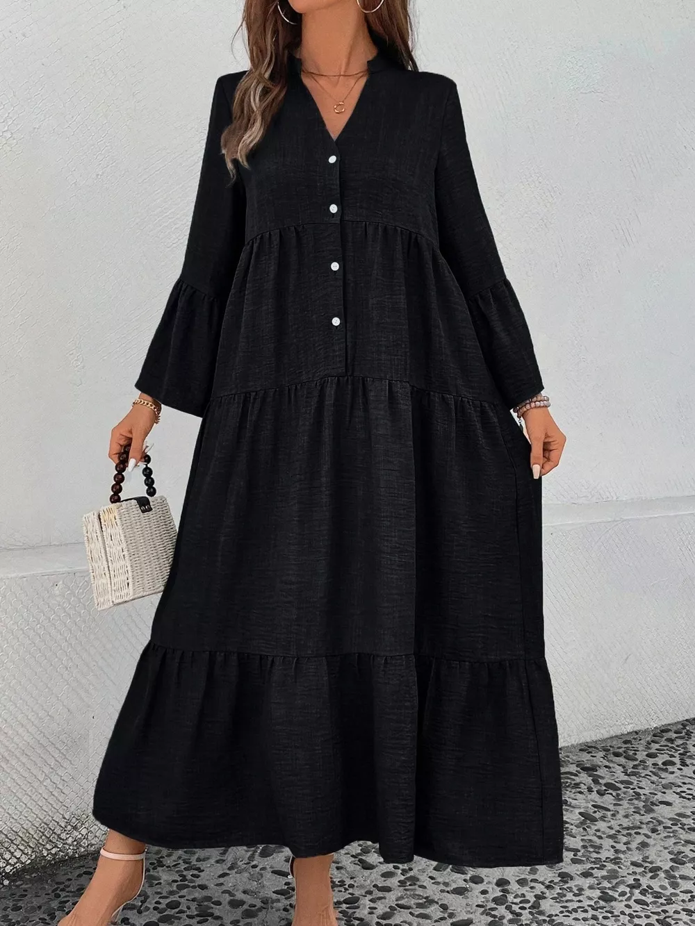 Ruffle Hem Button Front Tiered Dress, image 26