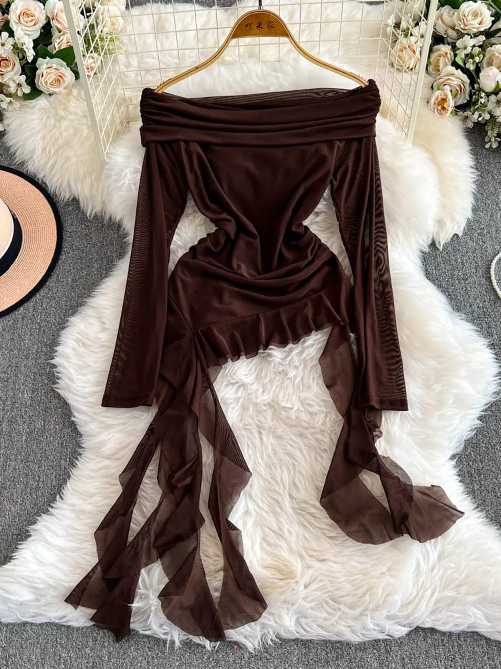 Off-Shoulder Ruffled Mesh Top, image 2