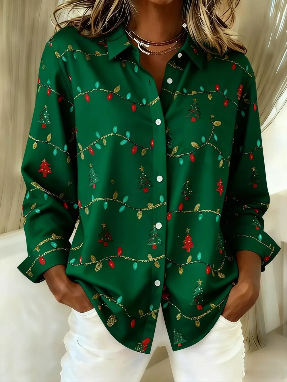 Full Size Christmas Tree Print Long Sleeve Button-Down Shirt Plus Size, image 7