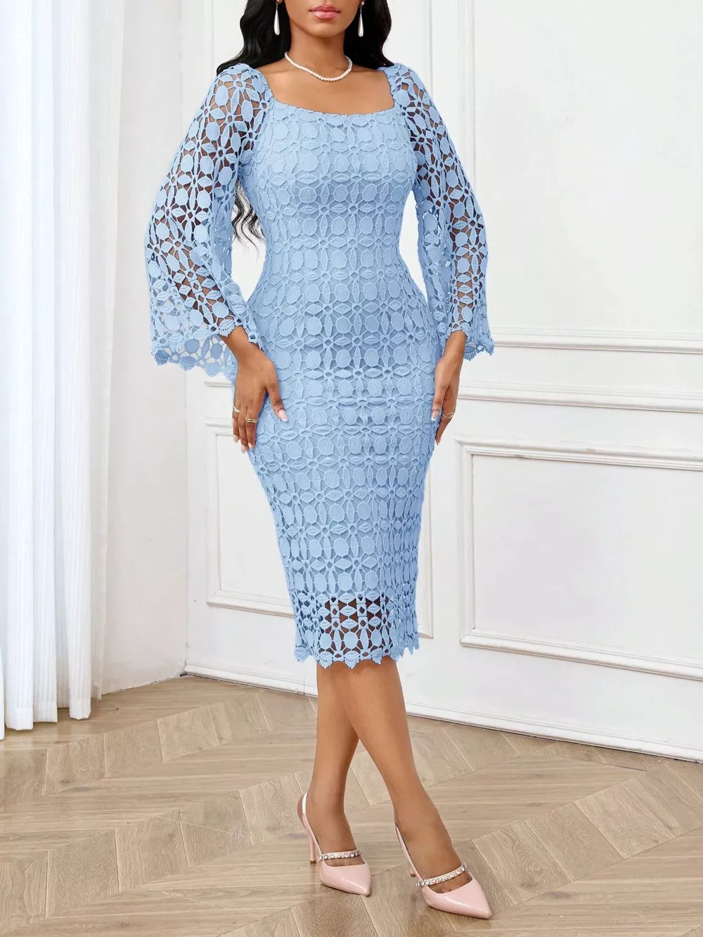 Lace Square Neck Midi Dress, image 3