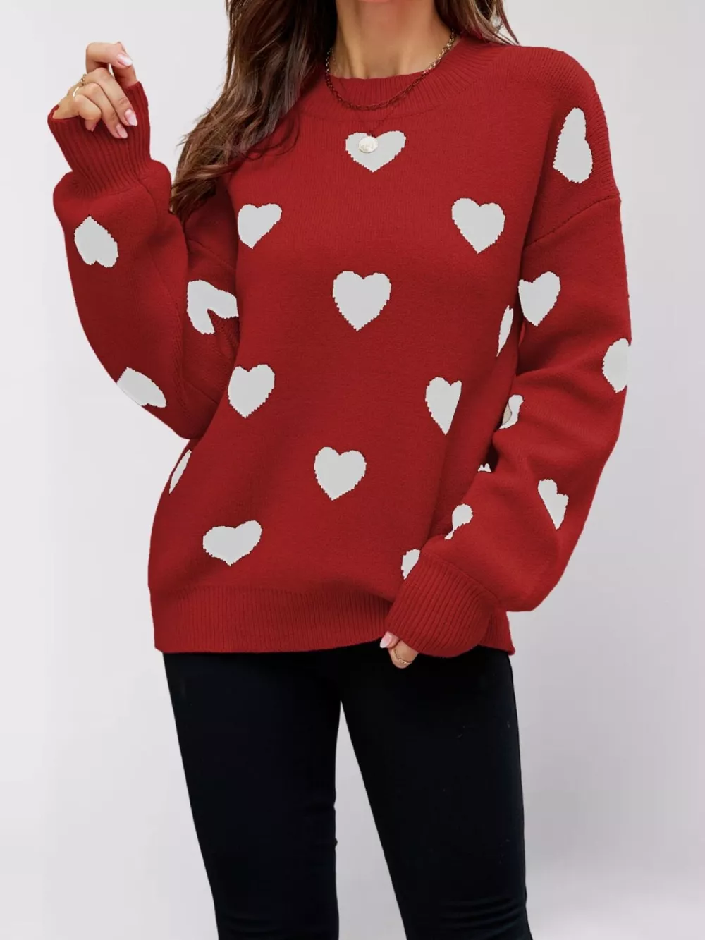 Heart-Patterned Dropped Shoulder Sweater, image 8