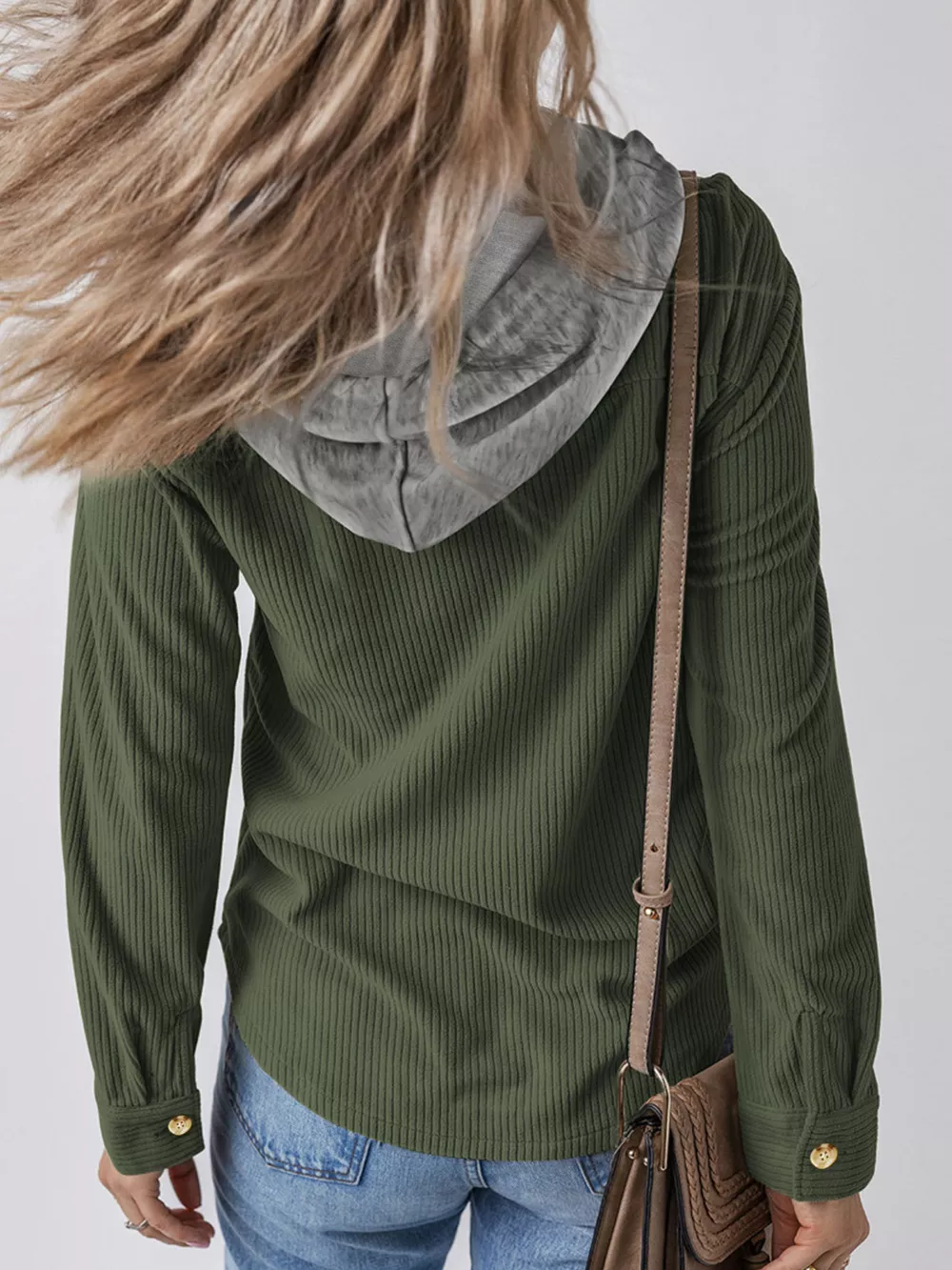 Plus Size Casual Corduroy Button-Down Hooded Jacket, image 8