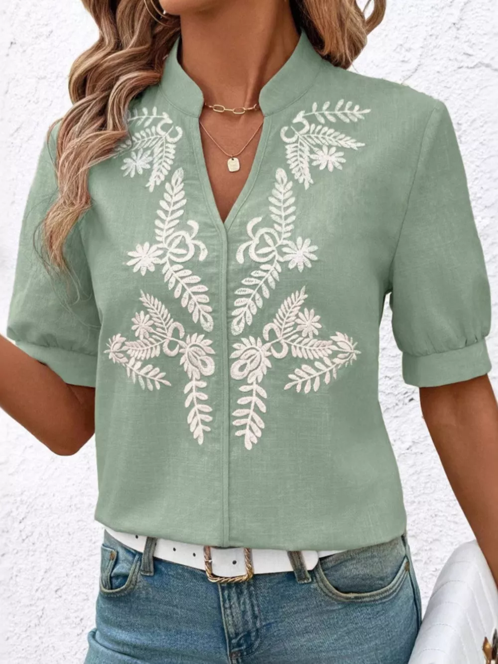 Embroidered Notched Short Sleeve Blouse, image 12